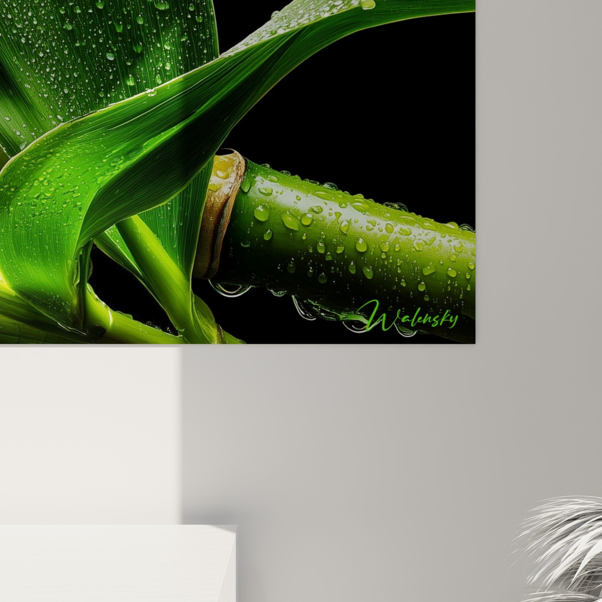 Gros grain des gouttelettes d'eau sur les tiges vertes et dorées du bambou, texture cireuse et lumineuse