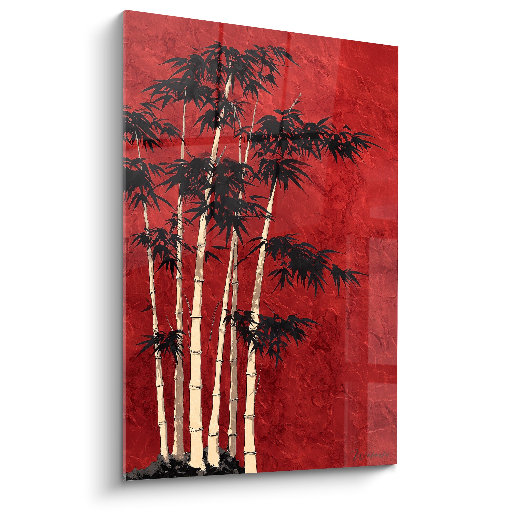 Bambou ivoire aux feuilles noires sur fond rouge écarlate texturé, tableau vertical graphique