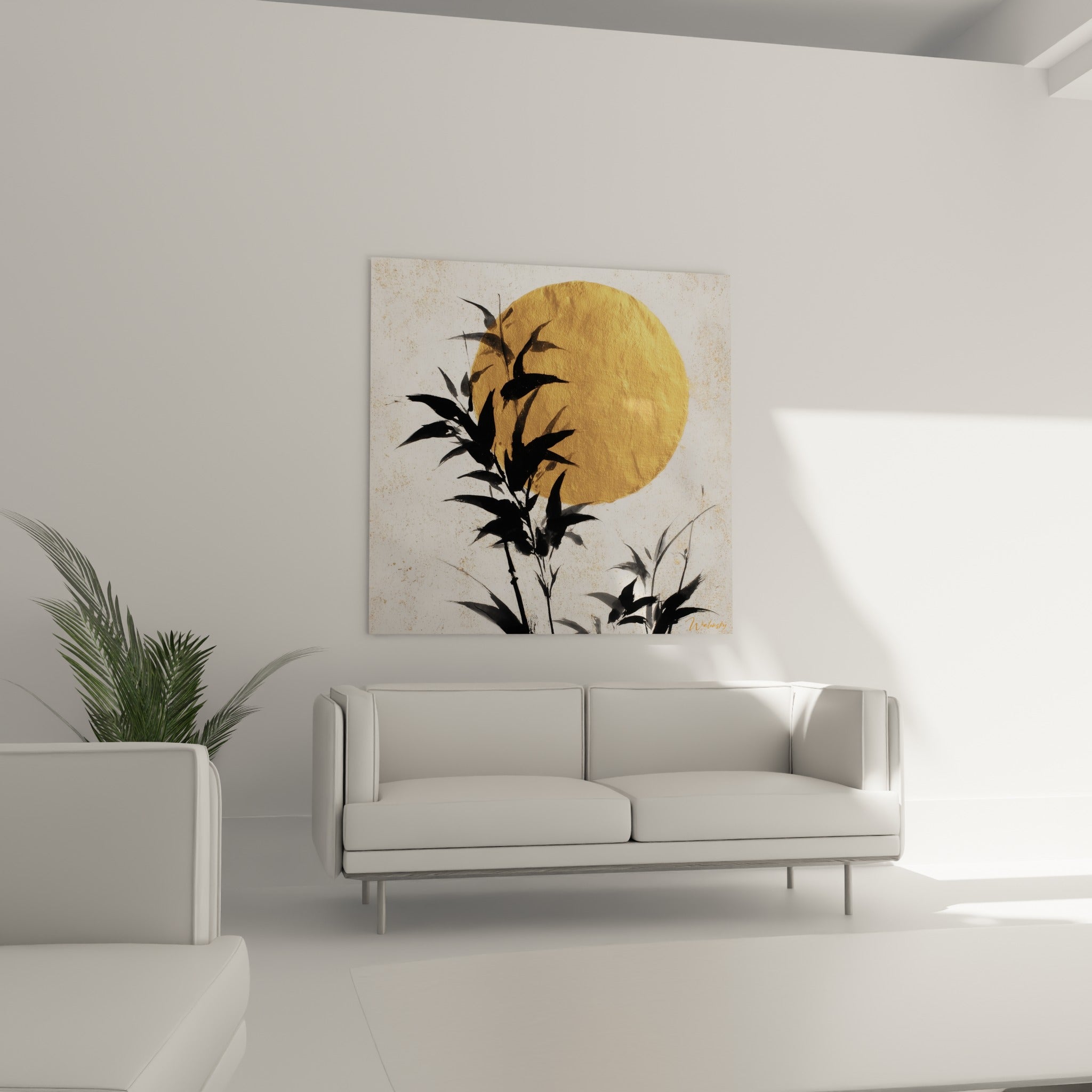 Branches de bambou encrées devant une lune dorée lumineuse, au-dessus d'un canapé dans un salon lumineux