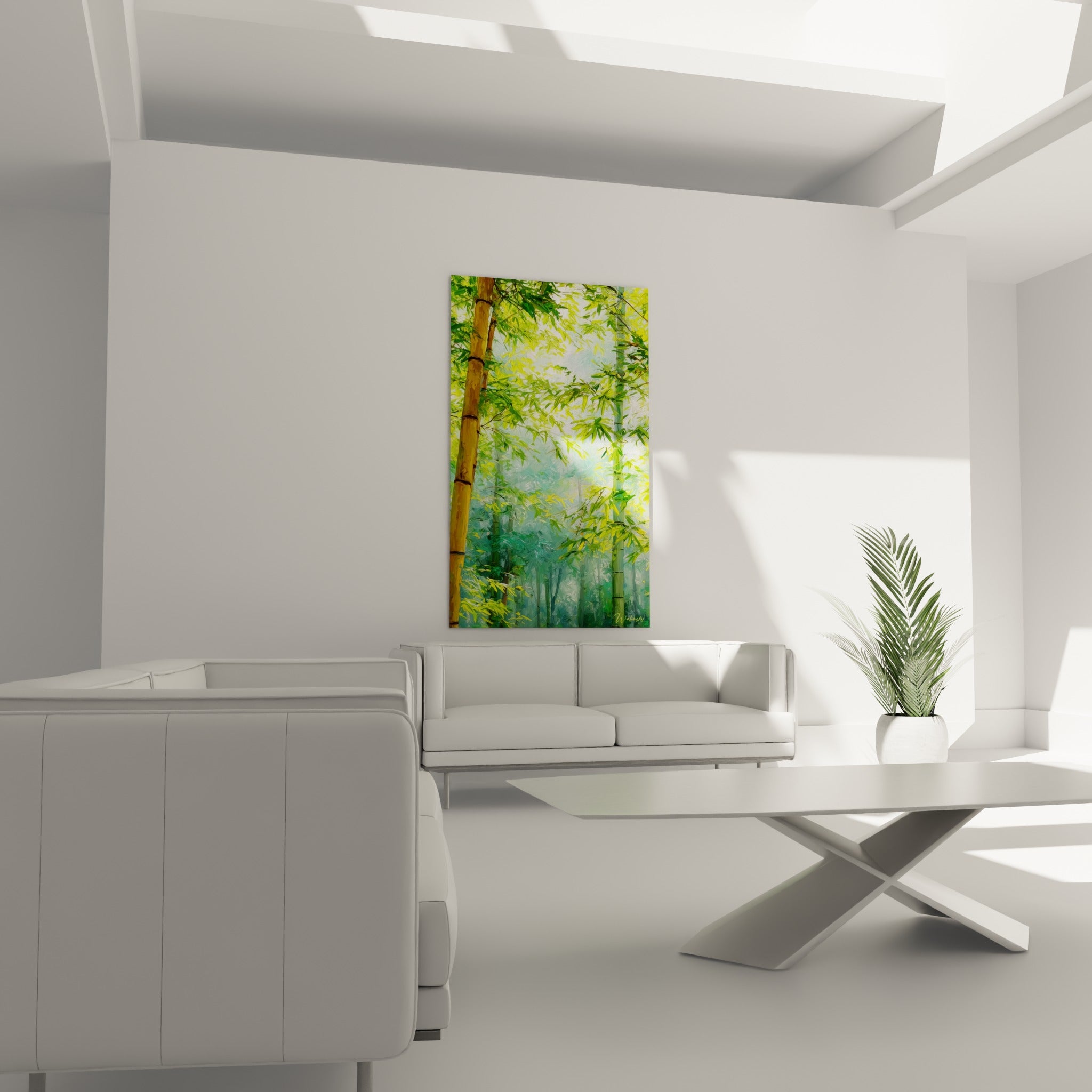 Tiges de bambou jaune doré et feuilles vert tendre, au-dessus d'un canapé dans un salon lumineux