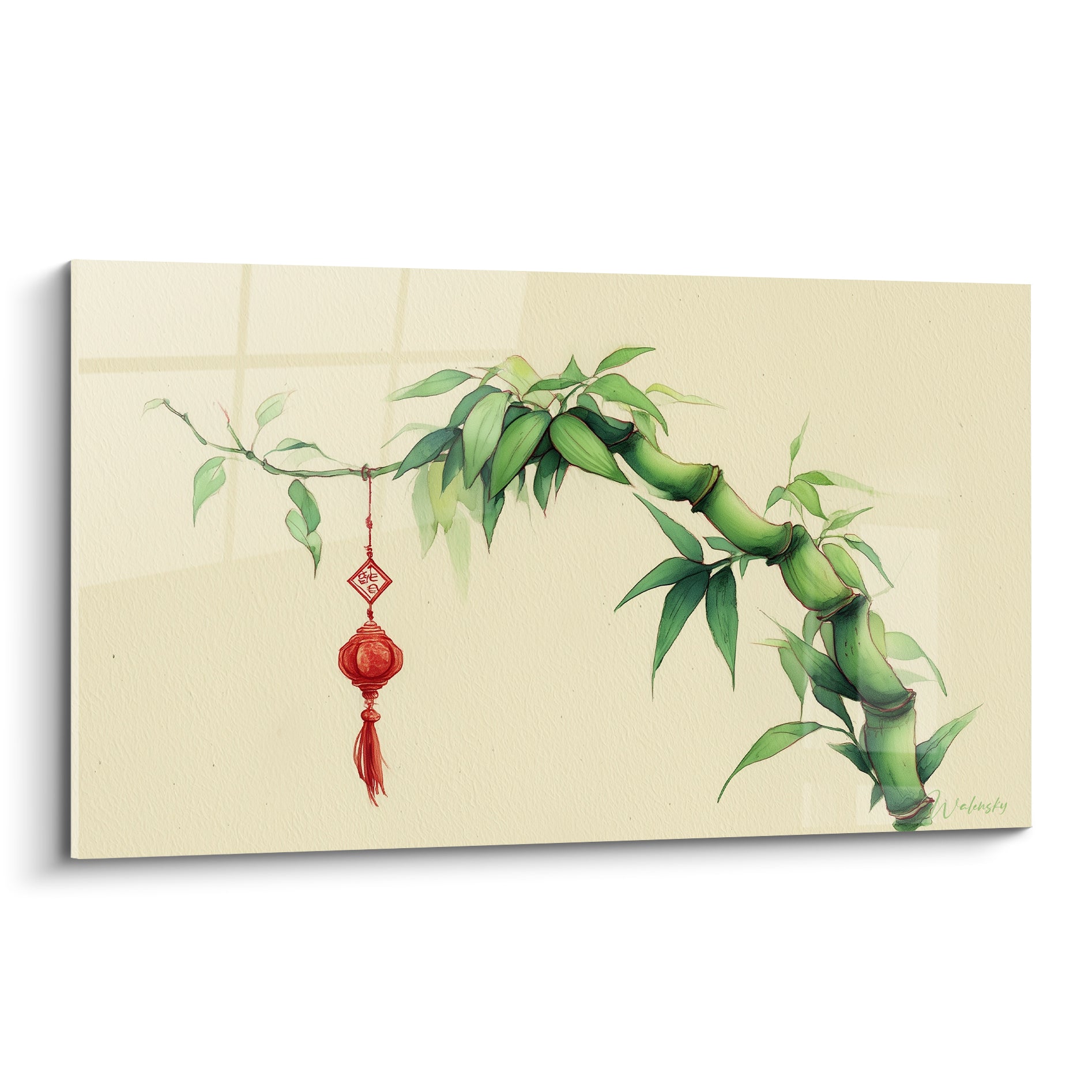 Bambou vert incliné orné d'une lanterne rouge porte-bonheur sur fond ivoire aquarelle