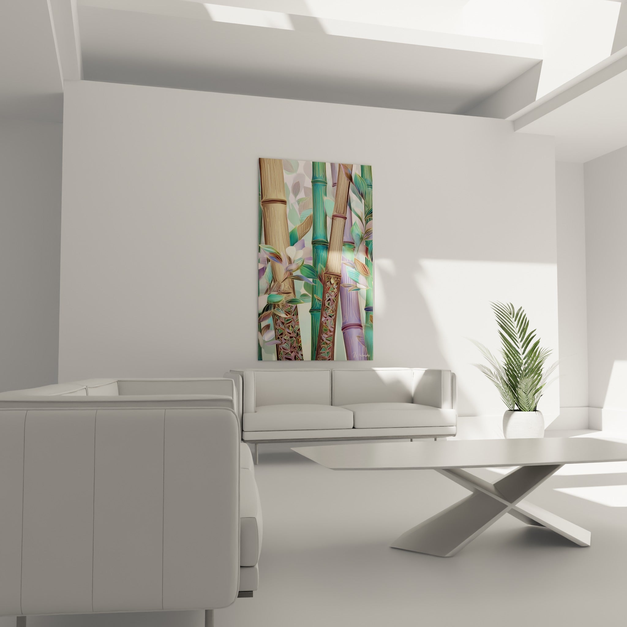 Tiges de bambou lilas et vert graphiques disposées au-dessus d'un canapé dans un salon lumineux