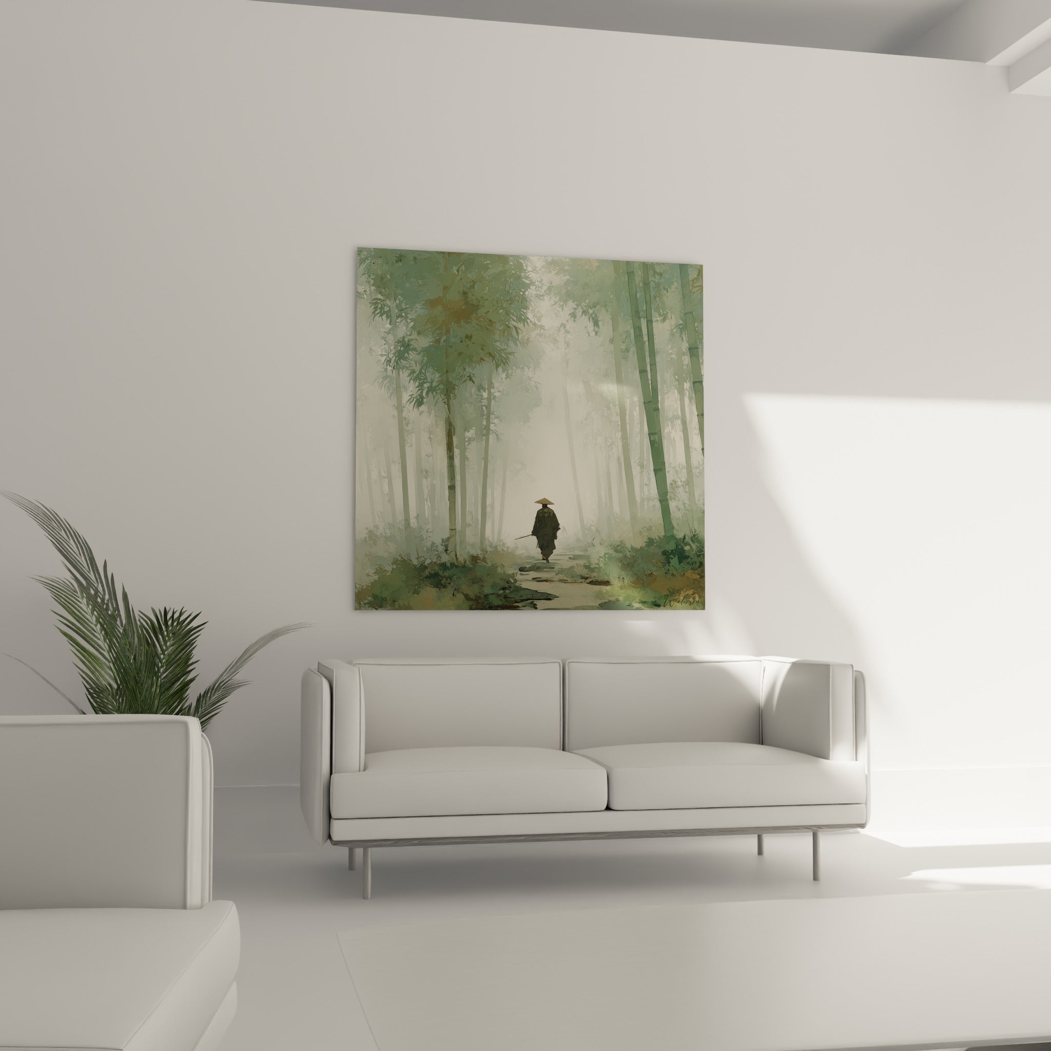 Marcheur au chapeau conique traversant une forêt verte embrumée, au-dessus d'un canapé dans un salon lumineux.