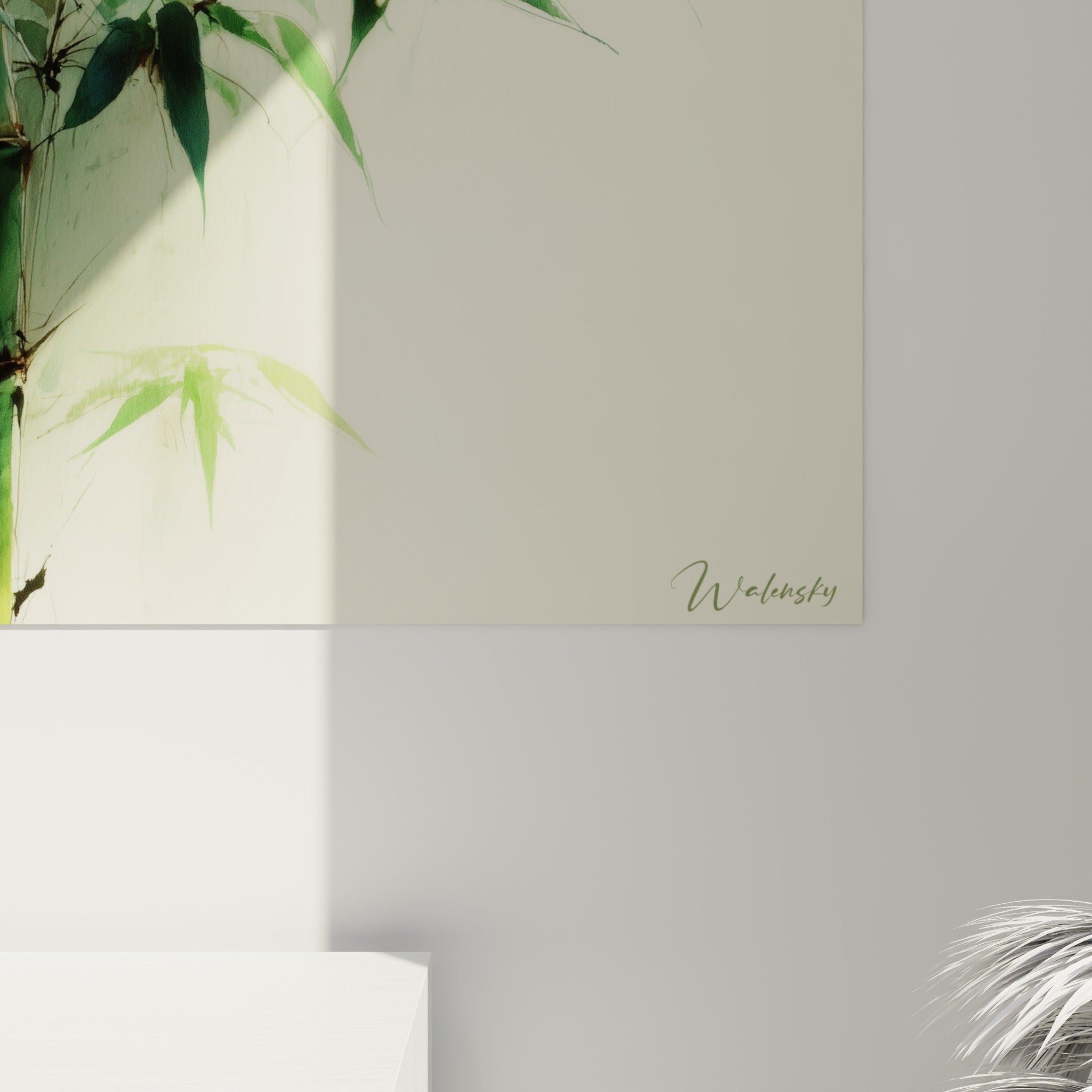 Détail des nœuds bruns et du feuillage vert tendre du bambou, matière aquarelle et grain visible
