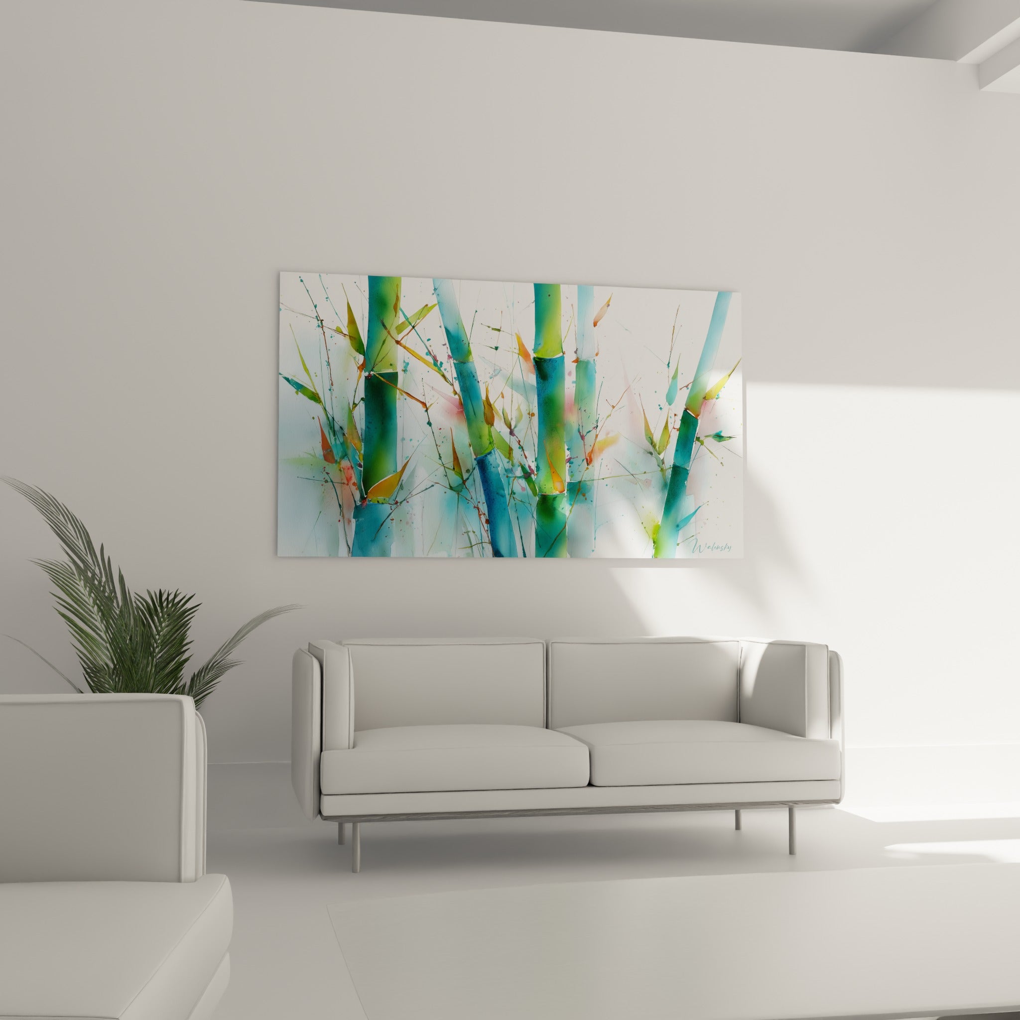 Bambou stylisé aux teintes ocre et bleu pastel suspendu au-dessus d'un canapé dans un salon lumineux