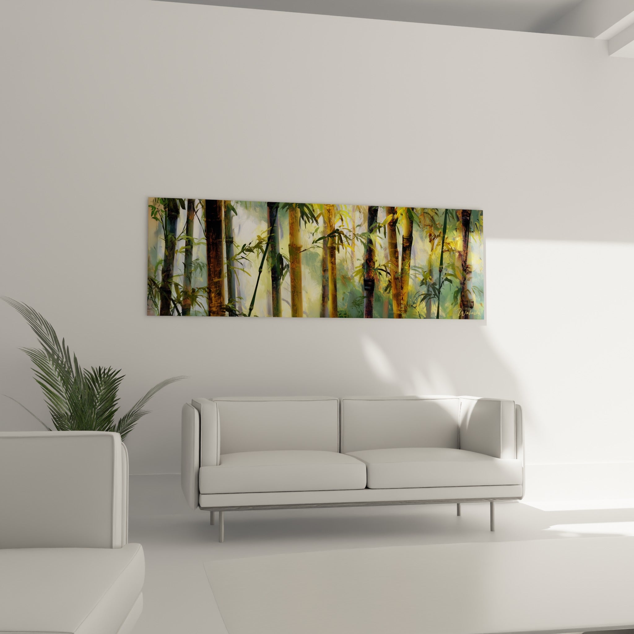 Bambou vert sauge et ocre, forêt dense en clair-obscur, au-dessus d'un canapé dans un salon lumineux