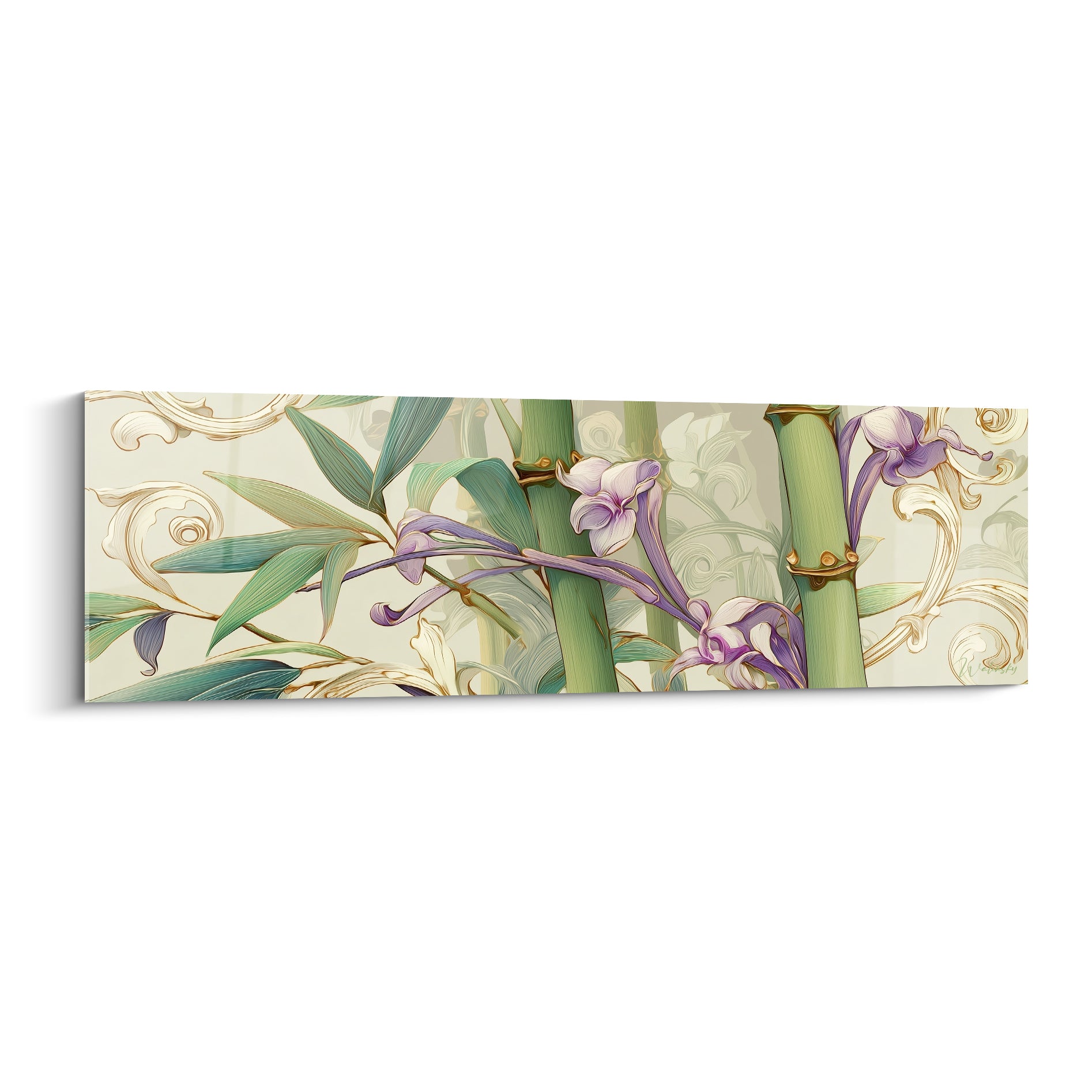 Bambou vert sauge et orchidées mauves entrelacées sur fond ivoire aux motifs dorés