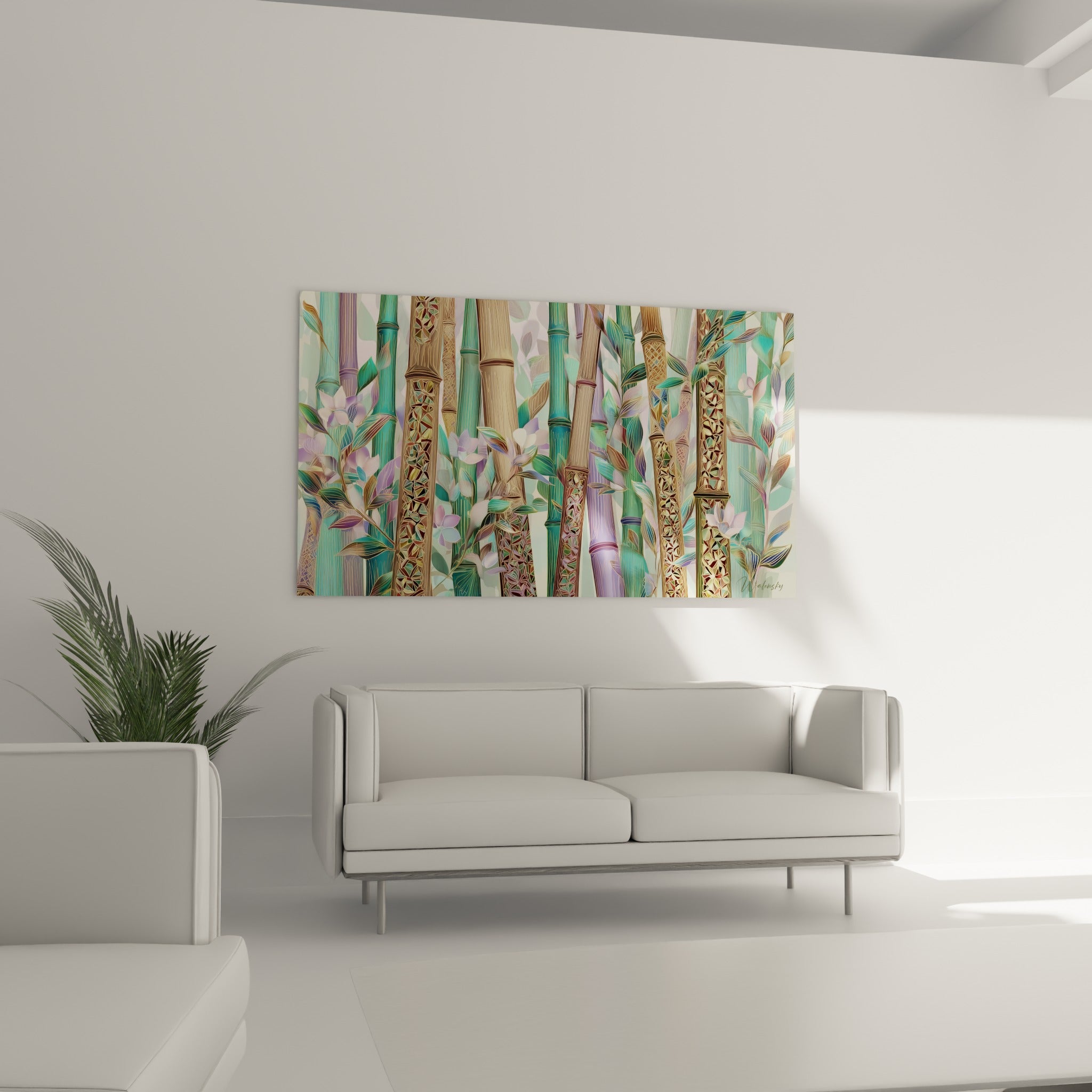 Bambous turquoise ornementaux et fleurs pastel au-dessus d'un canapé dans un salon lumineux
