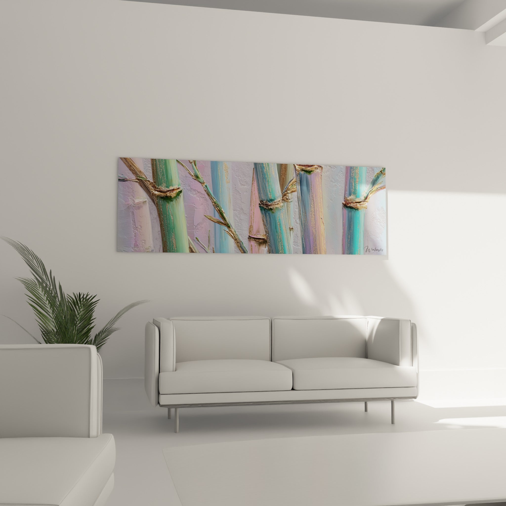Bambous pastel roses et verts illuminés d'or au-dessus d'un canapé dans un salon lumineux