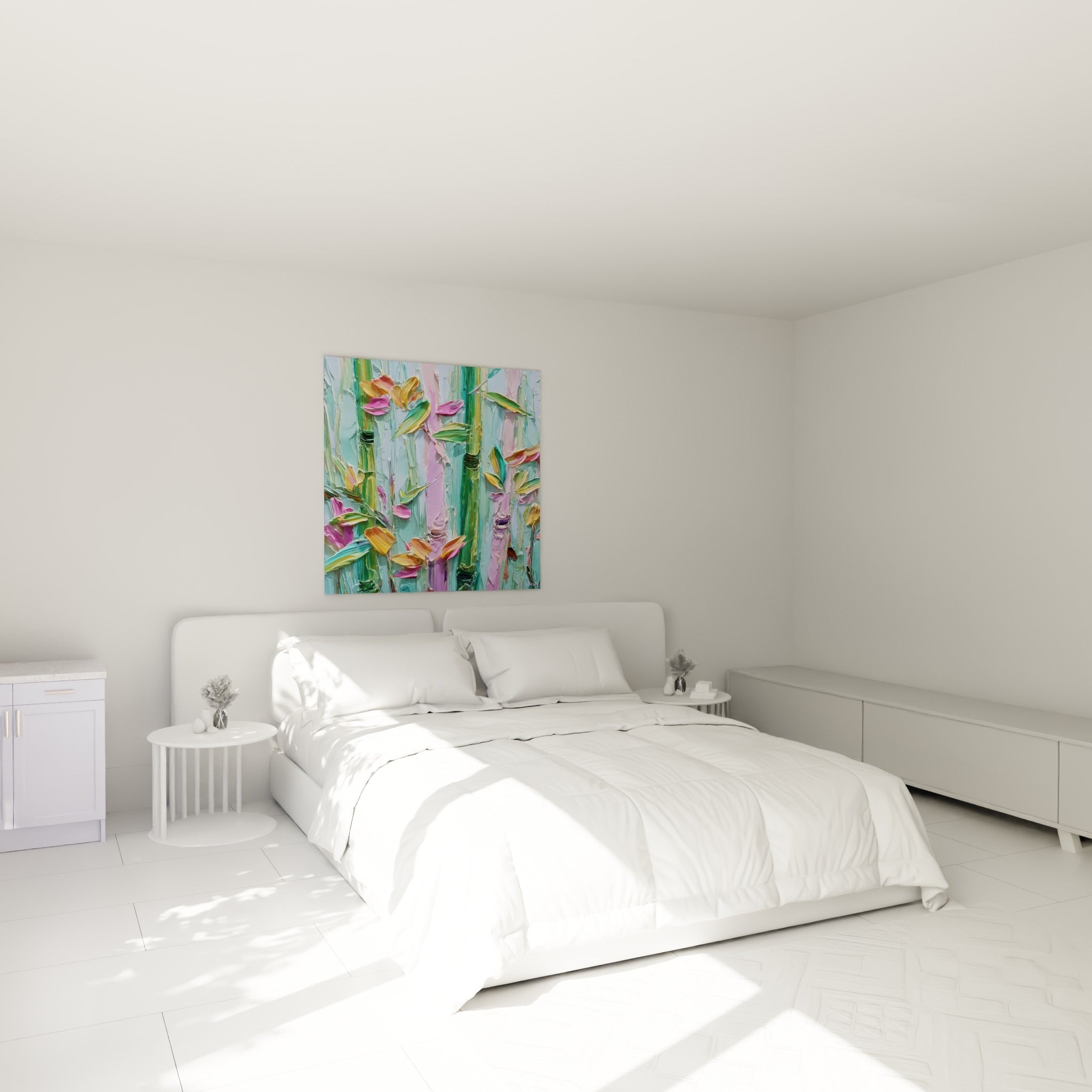 Bambou coloré aux nuances pastel, tiges vert émeraude et rose au-dessus d'un lit dans une chambre claire