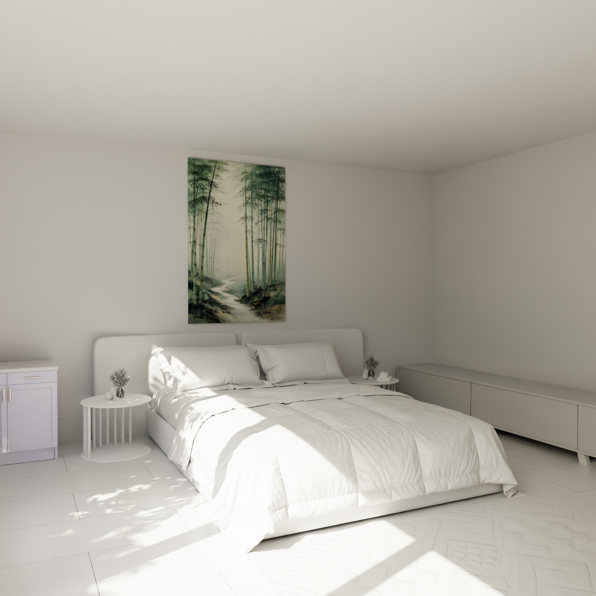 Bambous vert sauge et sentier d'eau peints au-dessus d'un lit dans une chambre claire