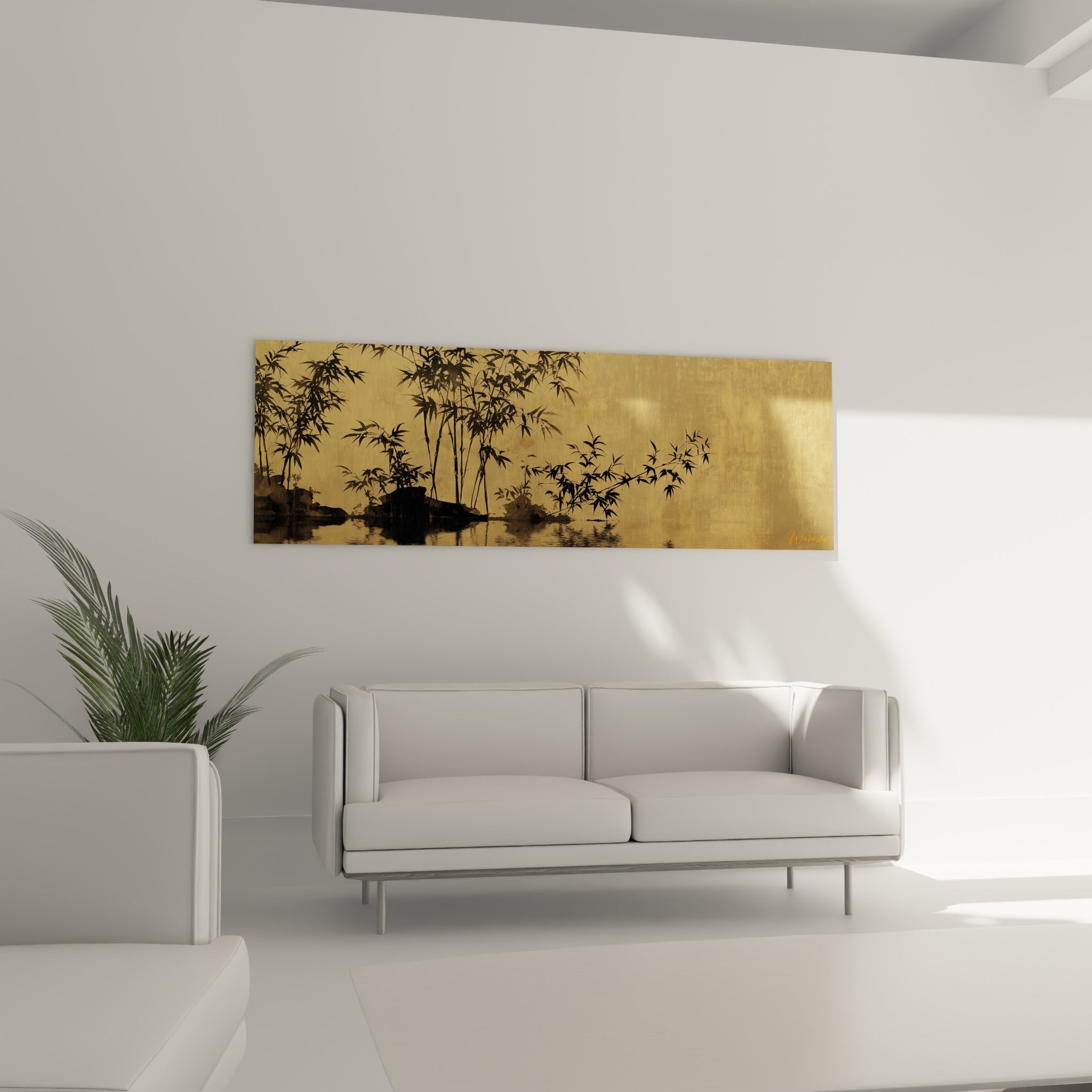 Branches de bambou graphiques en camaïeu noir et ocre au-dessus d'un canapé dans un salon lumineux