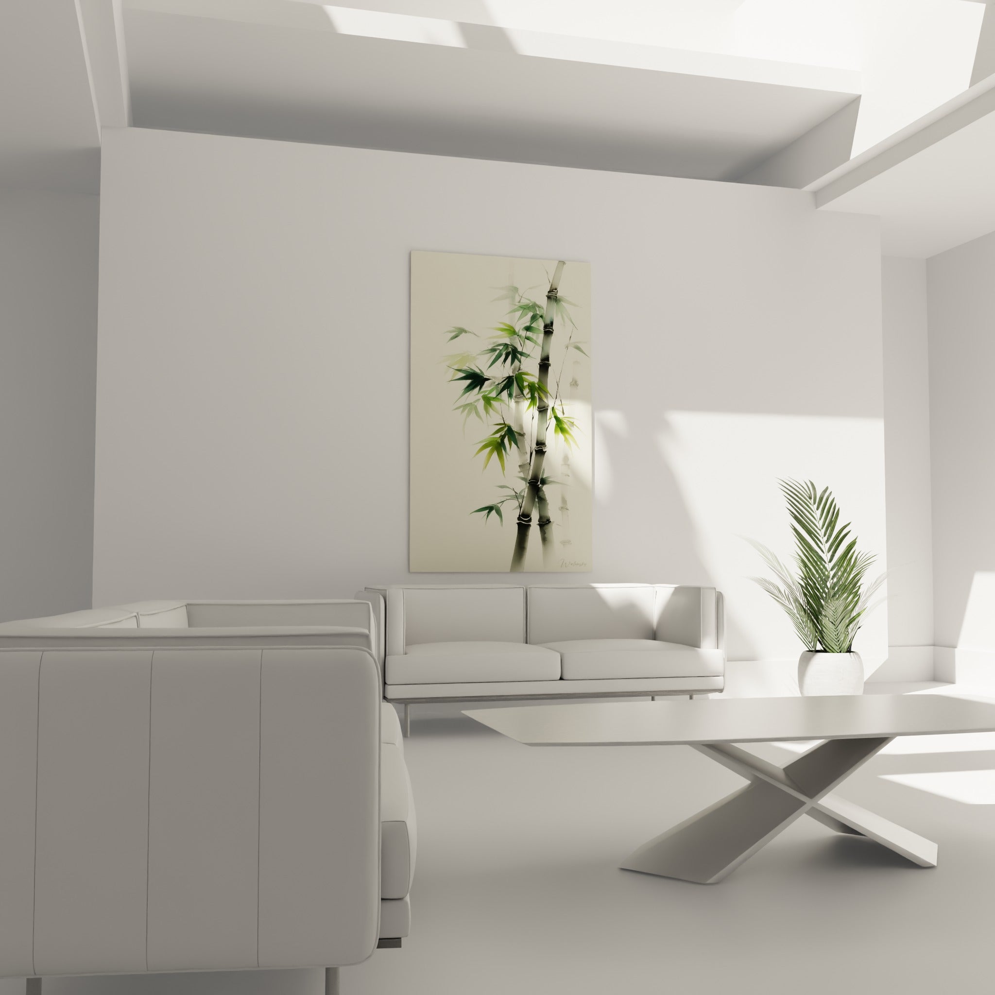 Feuillage de bambou vert sauge et tiges anthracite suspendu au-dessus d'un canapé dans un salon lumineux