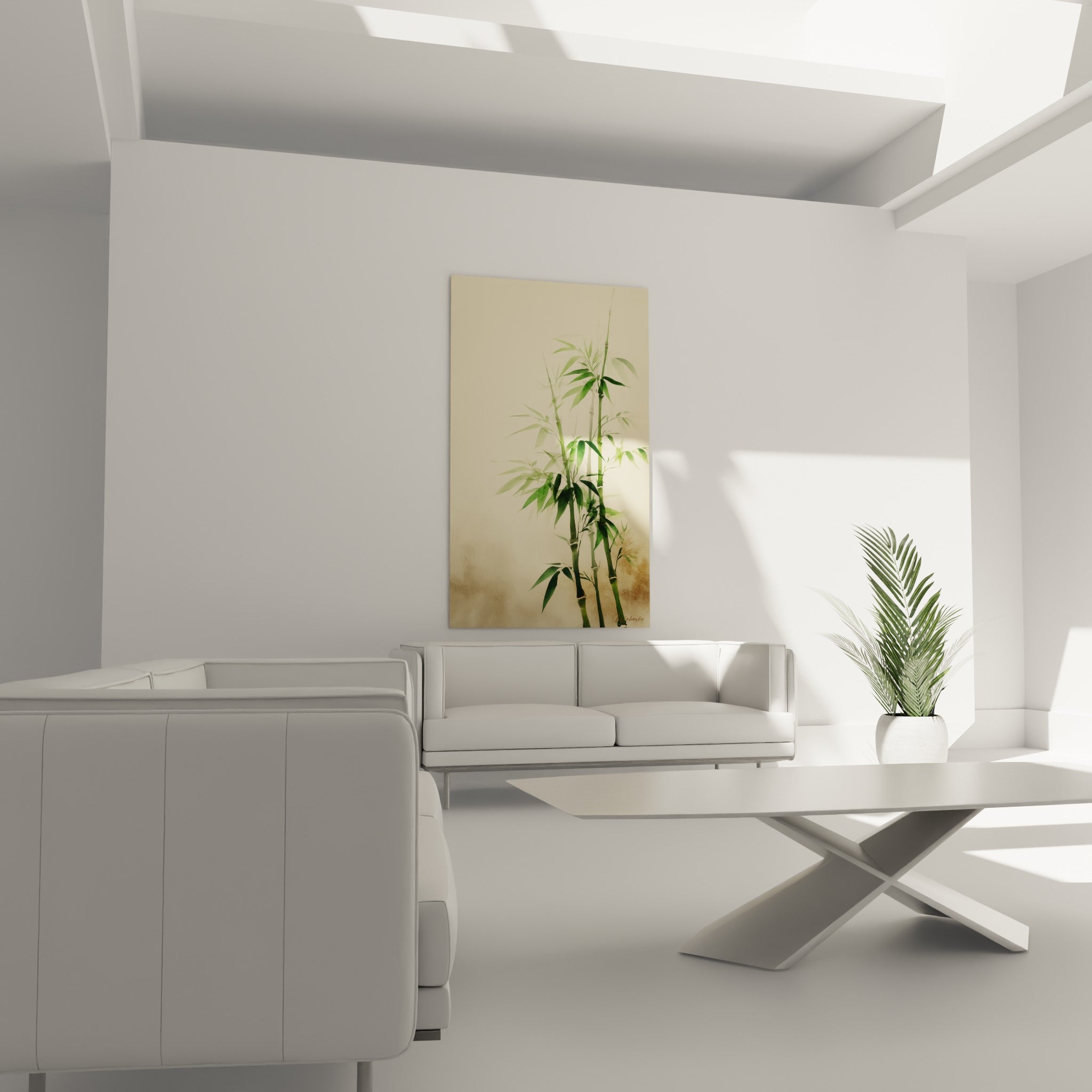 Feuillage de bambou vert tendre sur fond ocre doux, suspendu au-dessus d'un canapé dans un salon lumineux