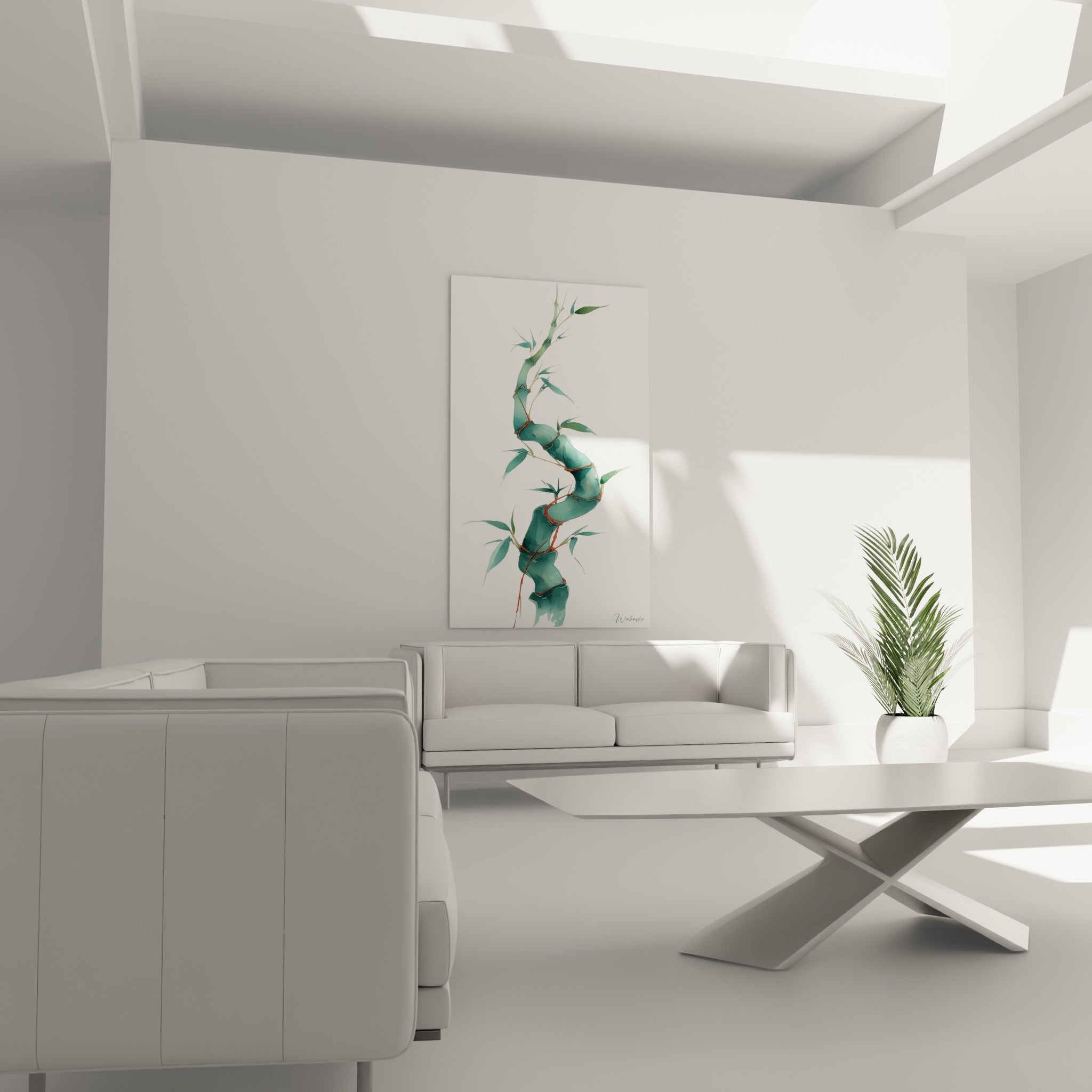 Feuilles fines de bambou vert olive et terracotta accrochées au-dessus d'un canapé dans un salon lumineux