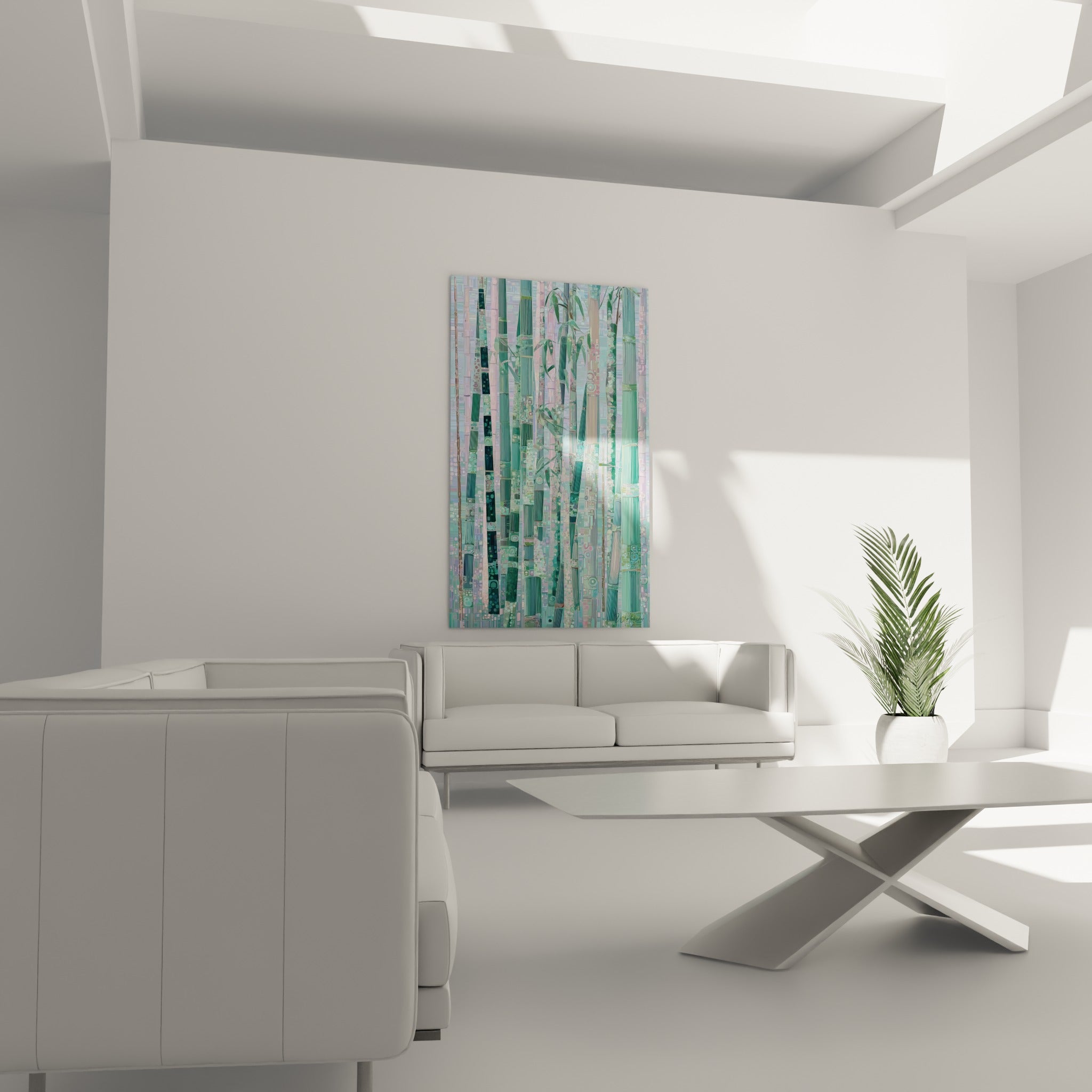 Bambous texturés en vert menthe et bleu lavande installés au-dessus d'un canapé dans un salon lumineux