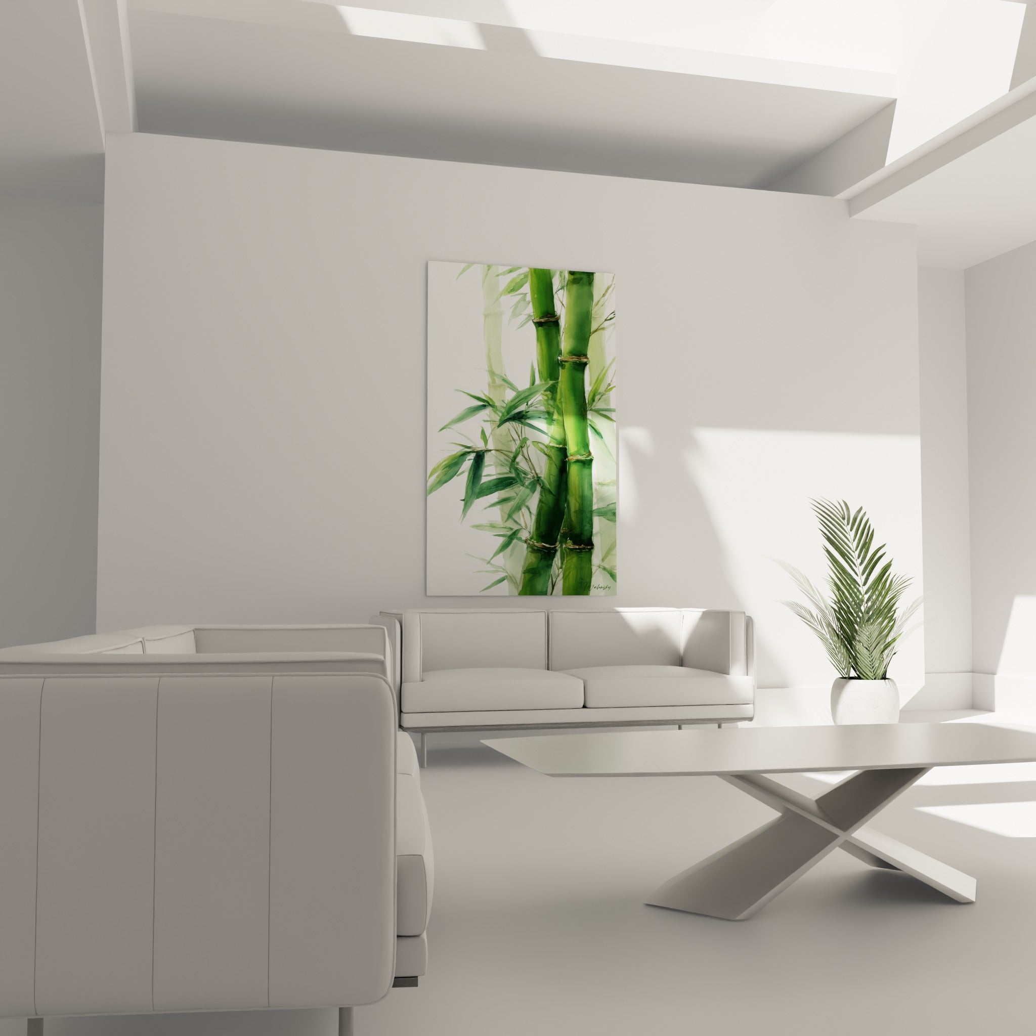 Bambou aux tiges vertes et nœuds bruns disposé au-dessus d'un canapé dans un salon lumineux