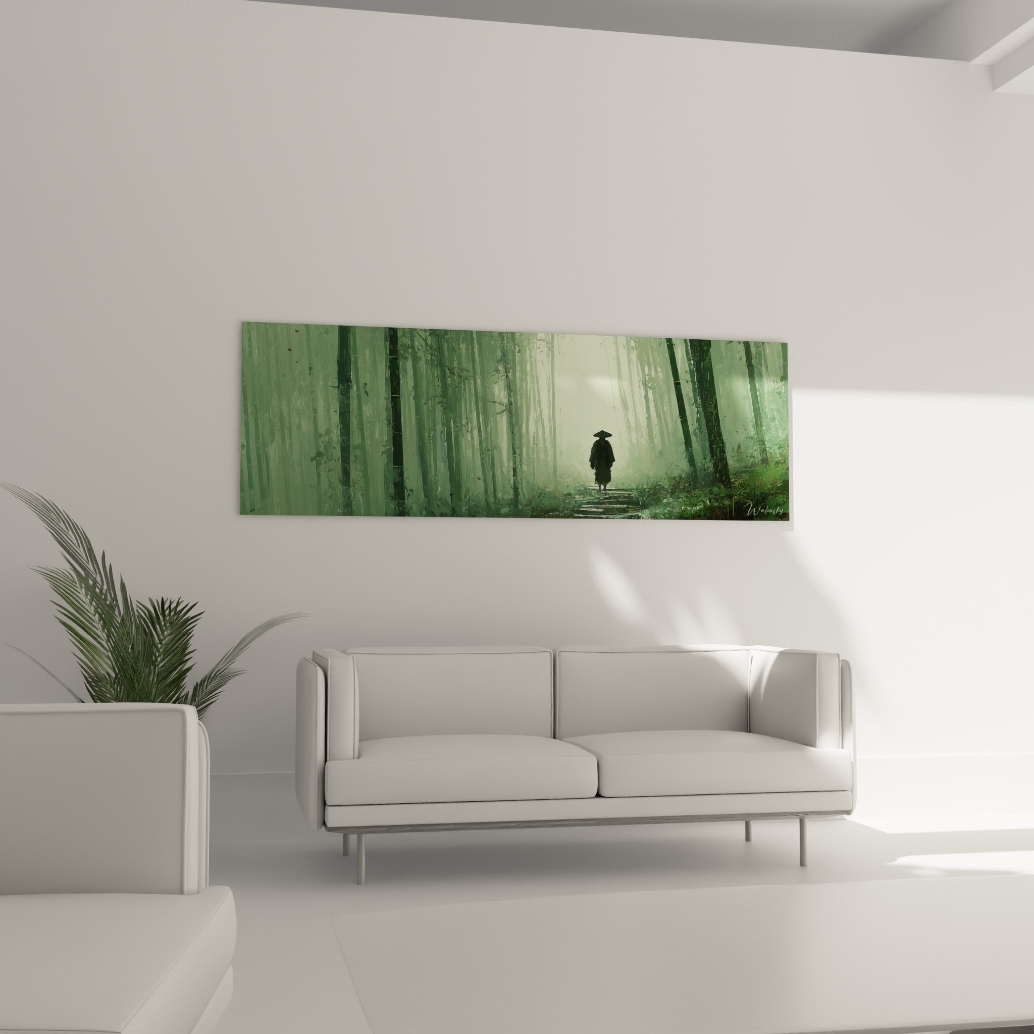 Sentier de pierre traversant une forêt vert émeraude dans ce tableau bambou au-dessus d'un canapé dans un salon lumineux