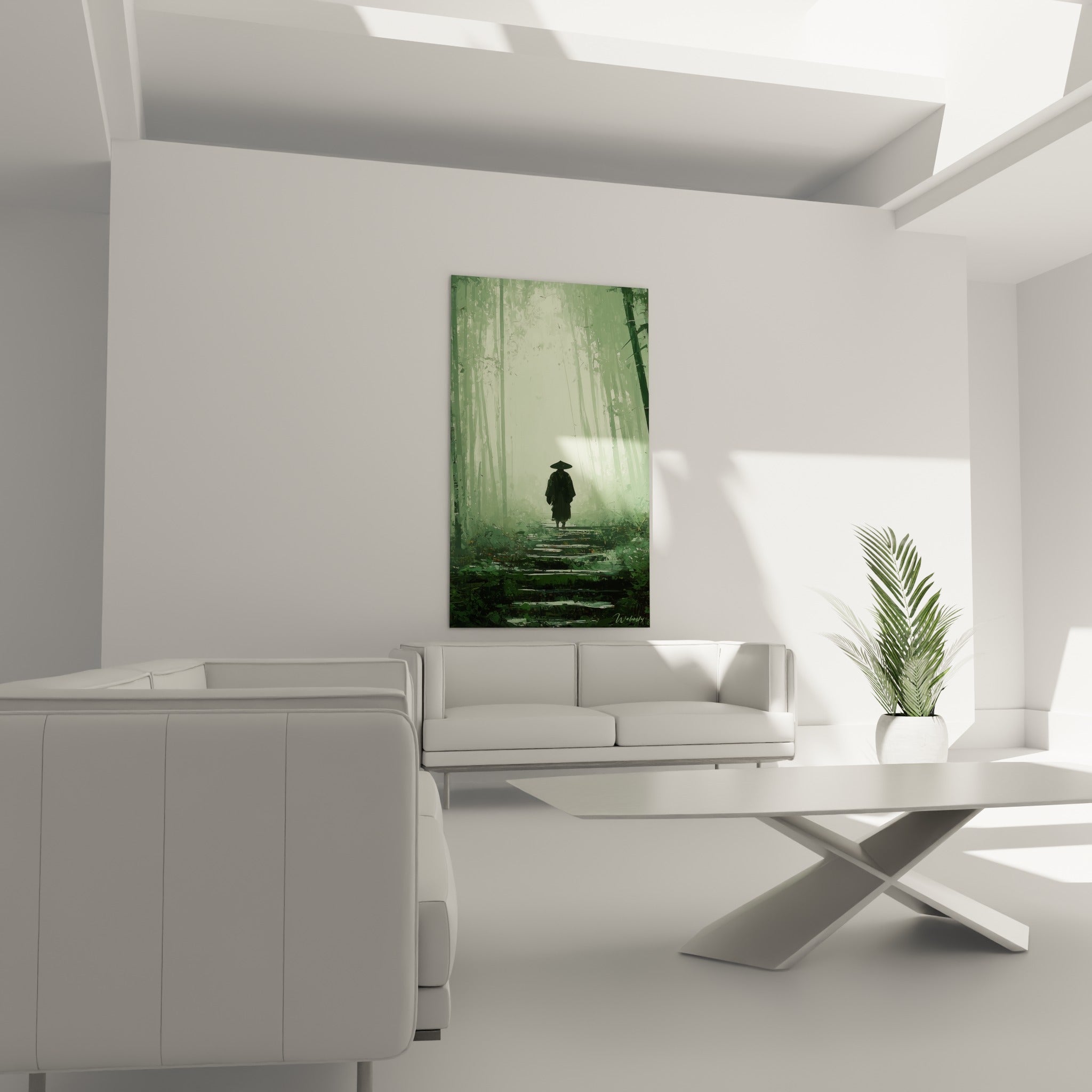 Personnage solitaire au chapeau pointu sur fond de bambous anthracite, tableau Bambou au-dessus d'un canapé dans un salon lumineux