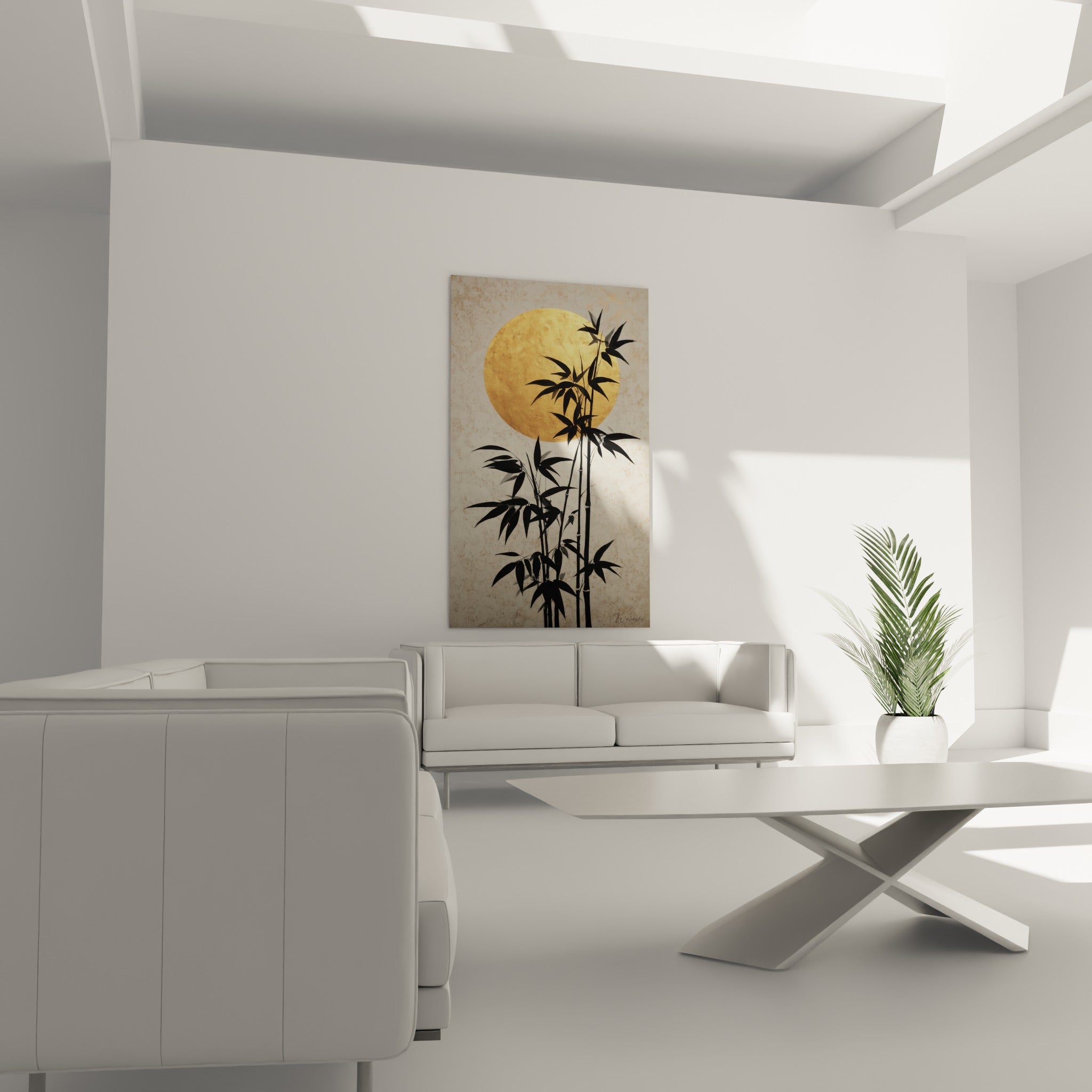 Silhouettes de bambou noir se détachant sur un soleil doré, au-dessus d'un canapé dans un salon lumineux