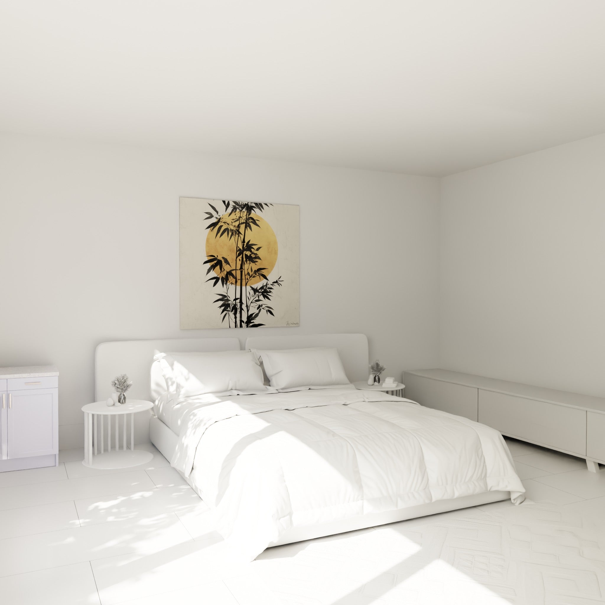 Silhouettes de bambou noir et cercle doré au-dessus d'un lit dans une chambre claire