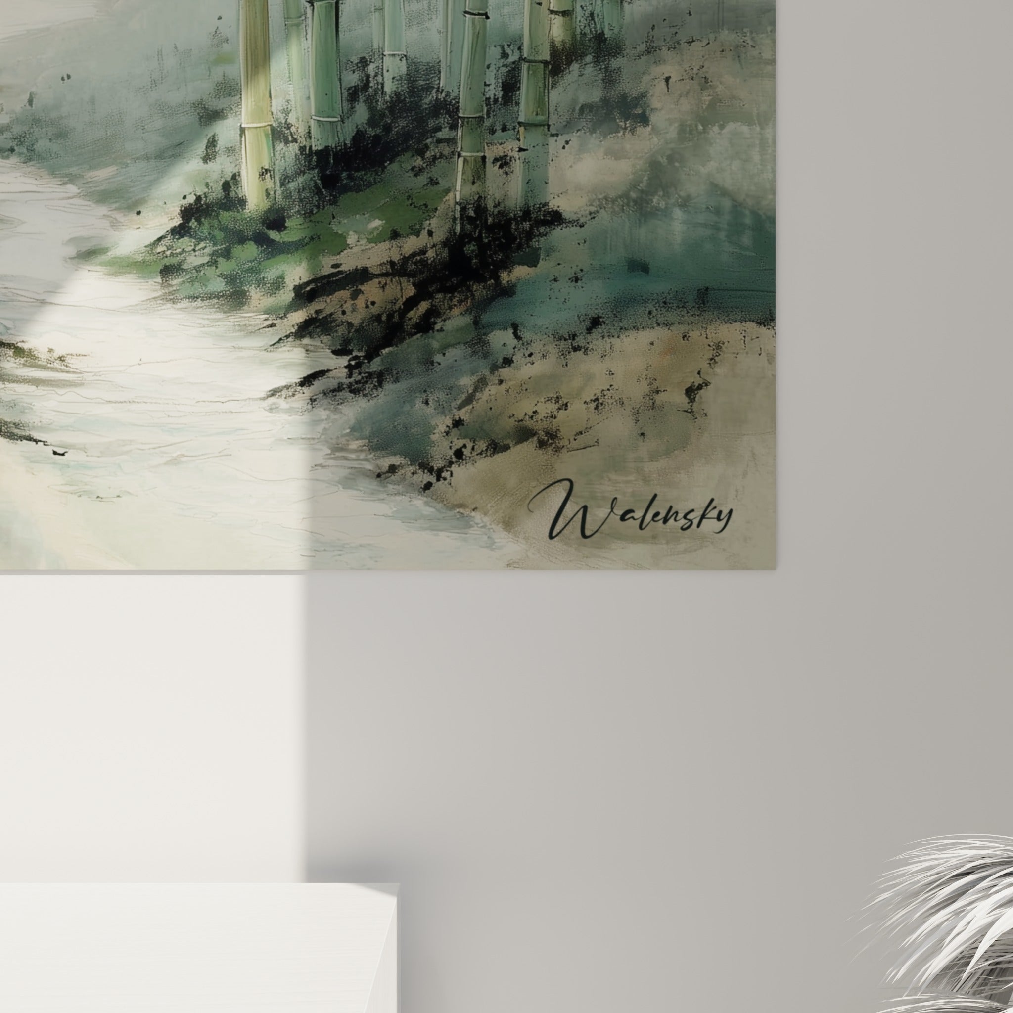Détail des empâtements verts et beige sur les troncs de bambou et la brume du tableau