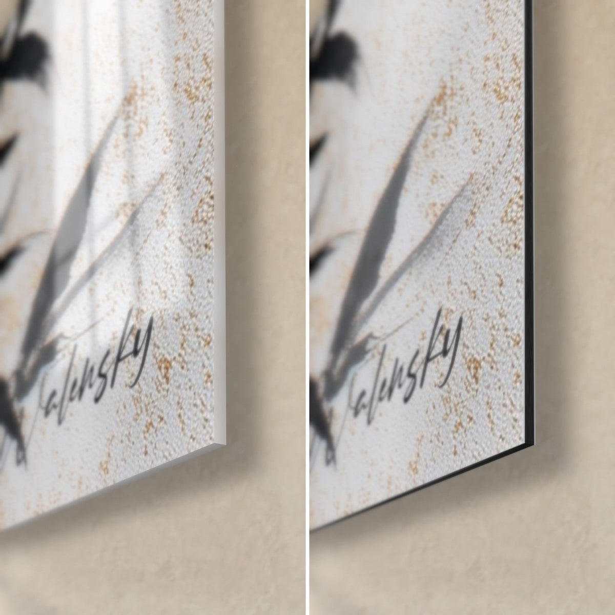 Tableau bambou noir et soleil doré, coin bas droit : signature Walensky, verre acrylique brillant à gauche, Dibond mat à droite