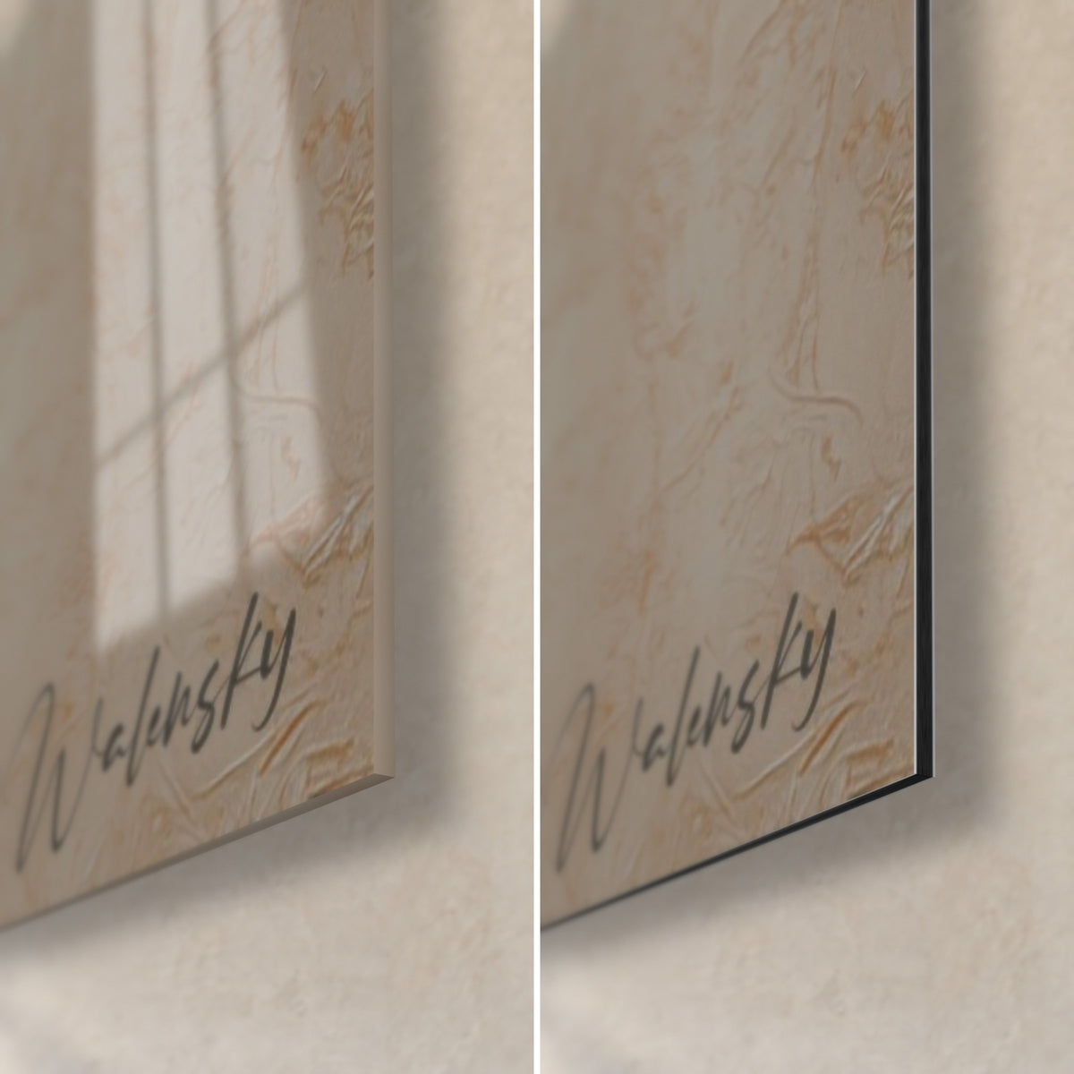 Quadro bambù dorato e luna ocra, angolo in basso a destra: vetro lucido che riflette la finestra, Dibond opaco grigio-beige, bordo da 3 mm