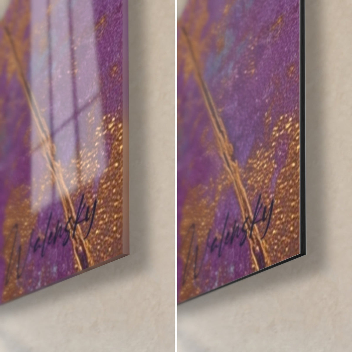 Tableau feuilles de bambou pourpres, coin bas droit : verre acrylique brillant à gauche, alu Dibond mat à droite, tranche de 3 mm