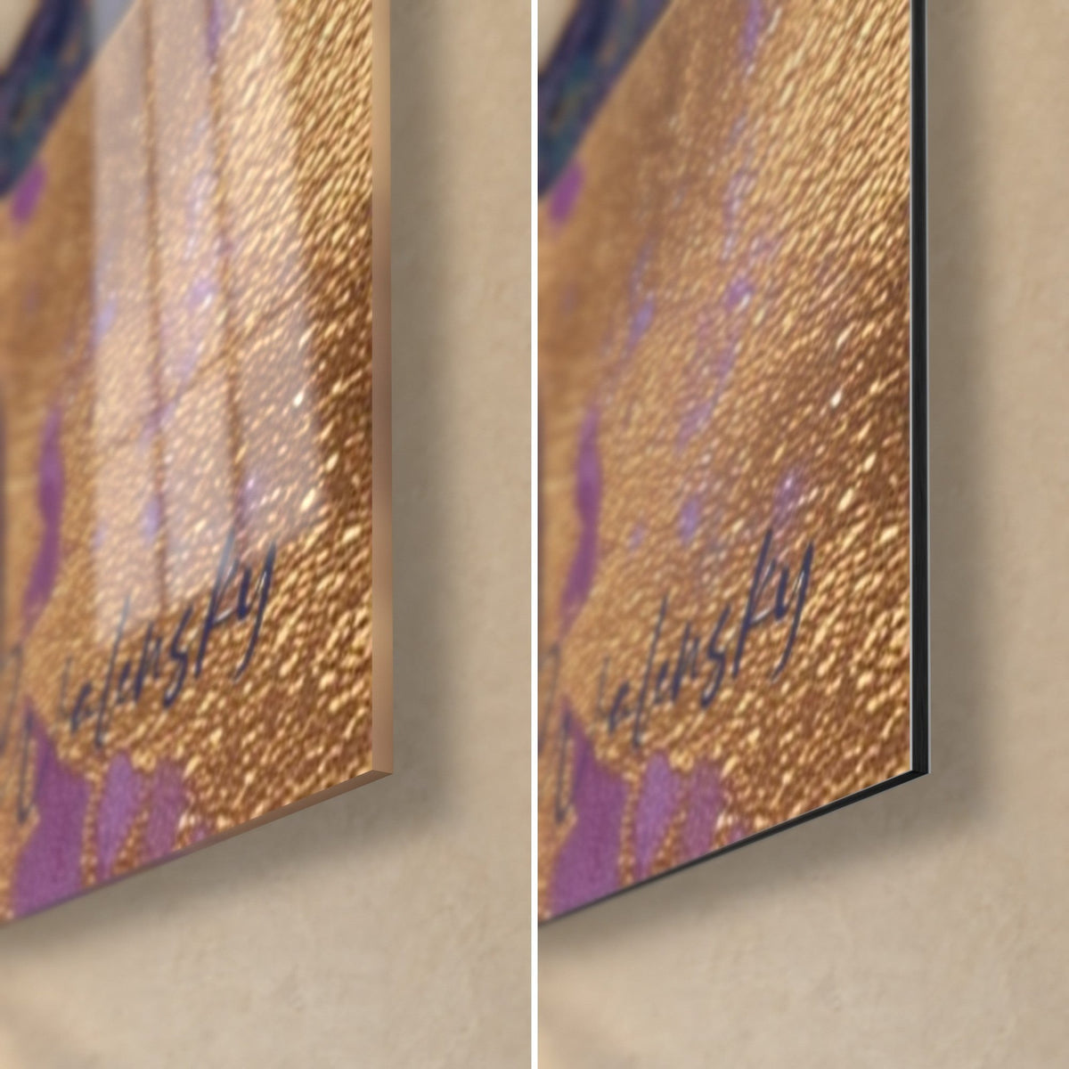 Tableau bambou violet et or, coin bas droit : verre brillant à reflets à gauche, Dibond mat à droite, tranche de 3 mm