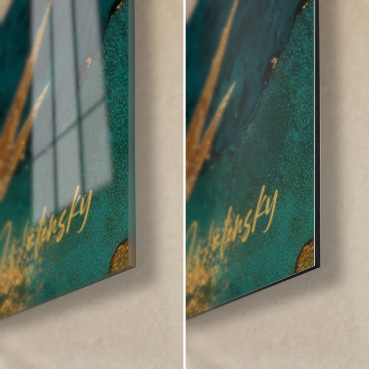 Tableau feuillage cuivré sur turquoise profond, coin bas droit : verre acrylique brillant à reflets, Dibond noir mat, tranche 3 mm