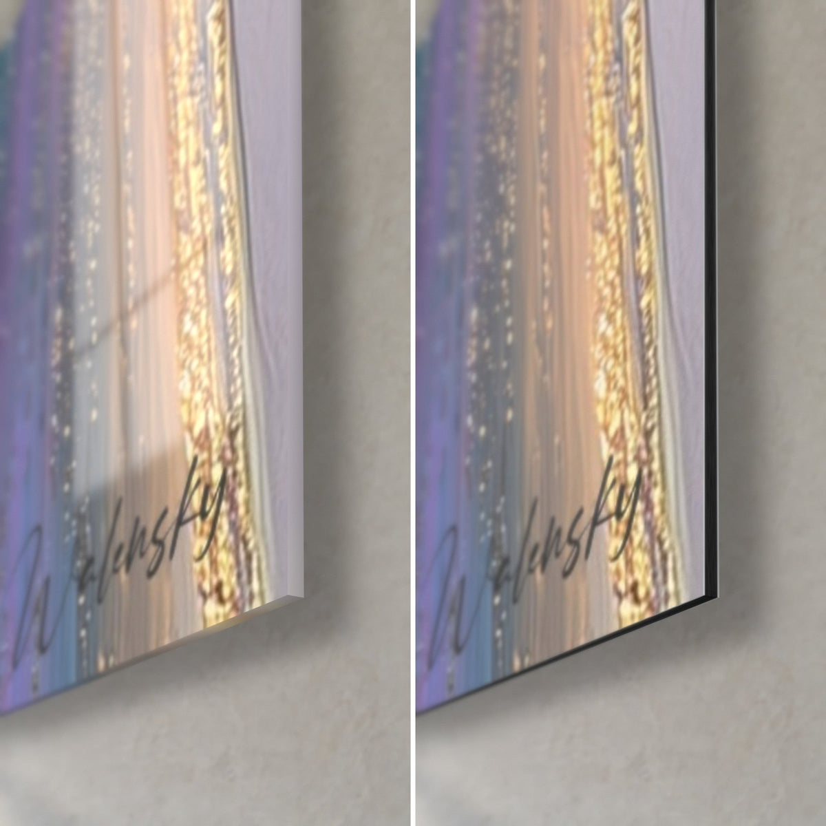 Quadro canna di bambù blu ghiaccio e oro scintillante, angolo in basso a destra: vetro lucido riflettente, Dibond opaco, bordo da 3 mm