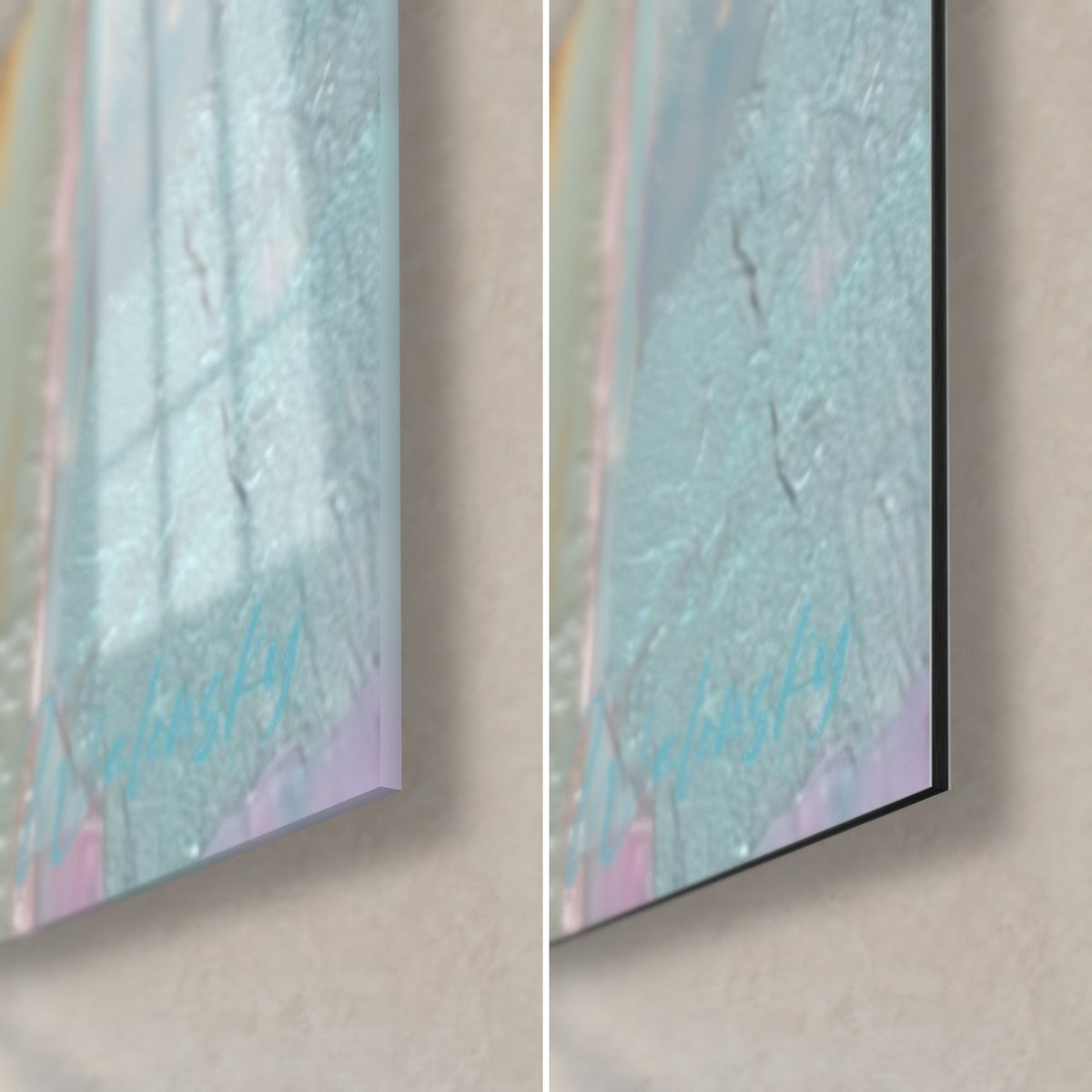Quadro di canne di bambù turchesi e rosa, angolo in basso a destra: vetro acrilico lucido a sinistra, Dibond in alluminio nero opaco a destra