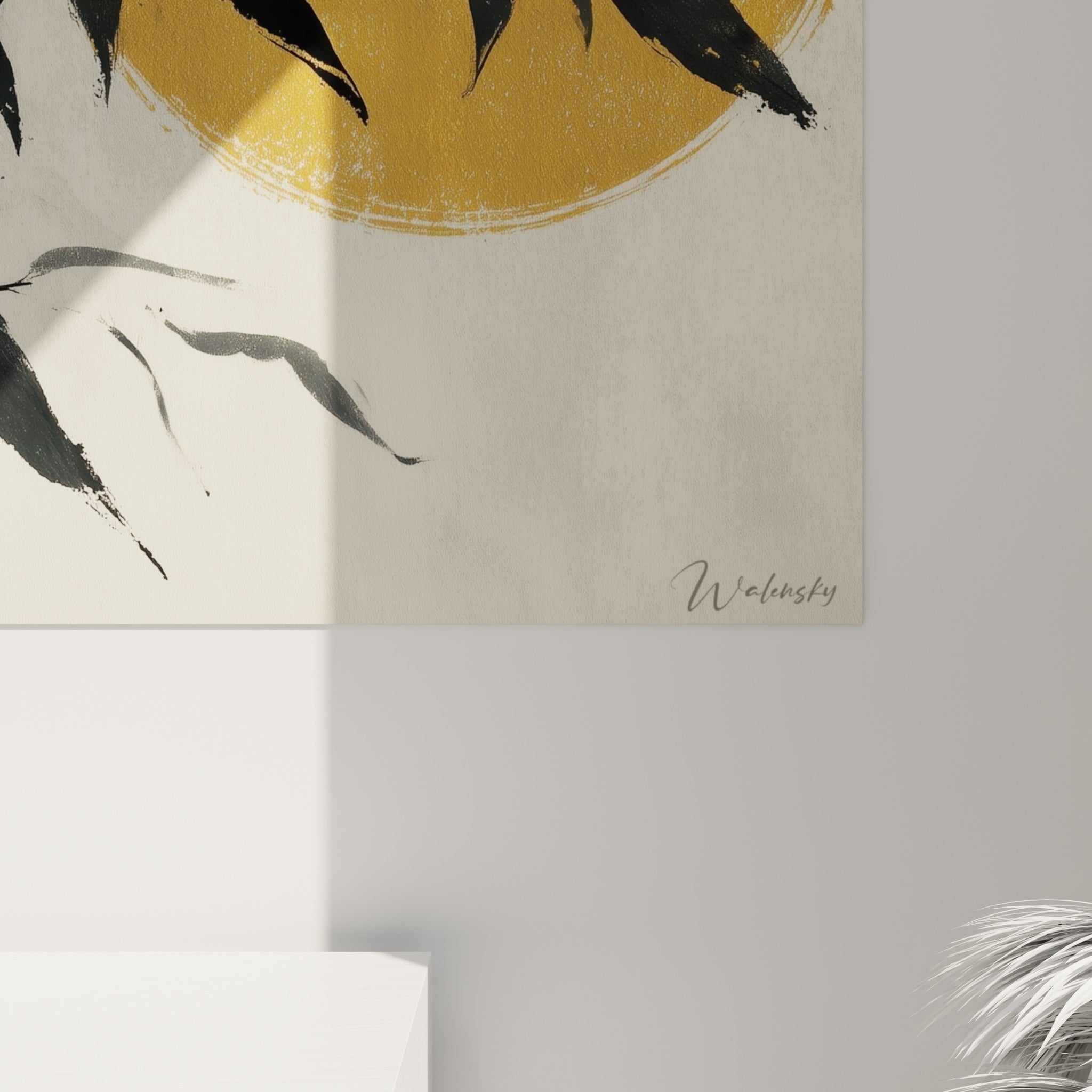 Grain de l'encre noire et empâtements dorés visibles de près sur cette œuvre bambou zen