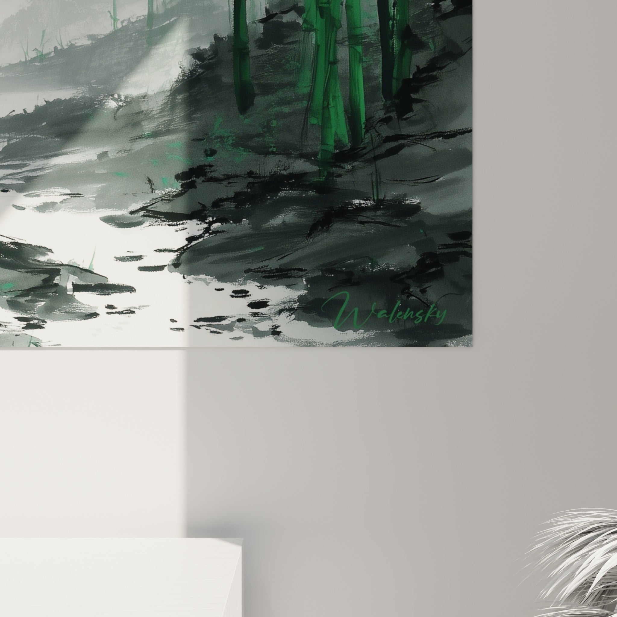 Empâtements verts et coulures grises sur toile, grain de peinture visible sur les feuillages de bambou