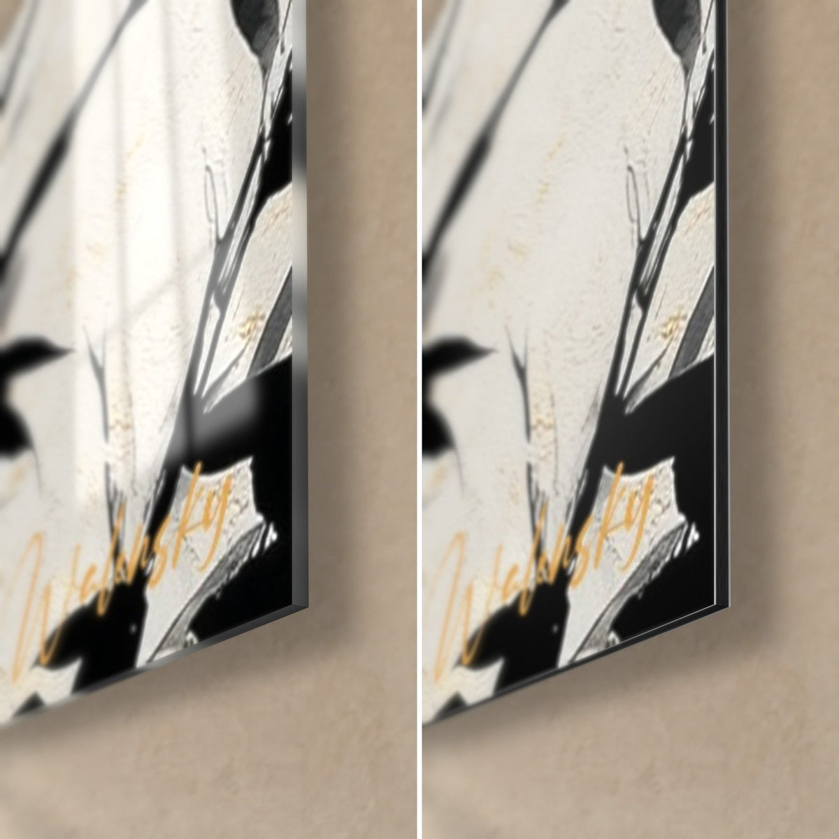 Tableau feuilles de bambou noires et or, coin bas droit : verre brillant à reflets à gauche, Dibond mat à droite, tranche de 3 mm