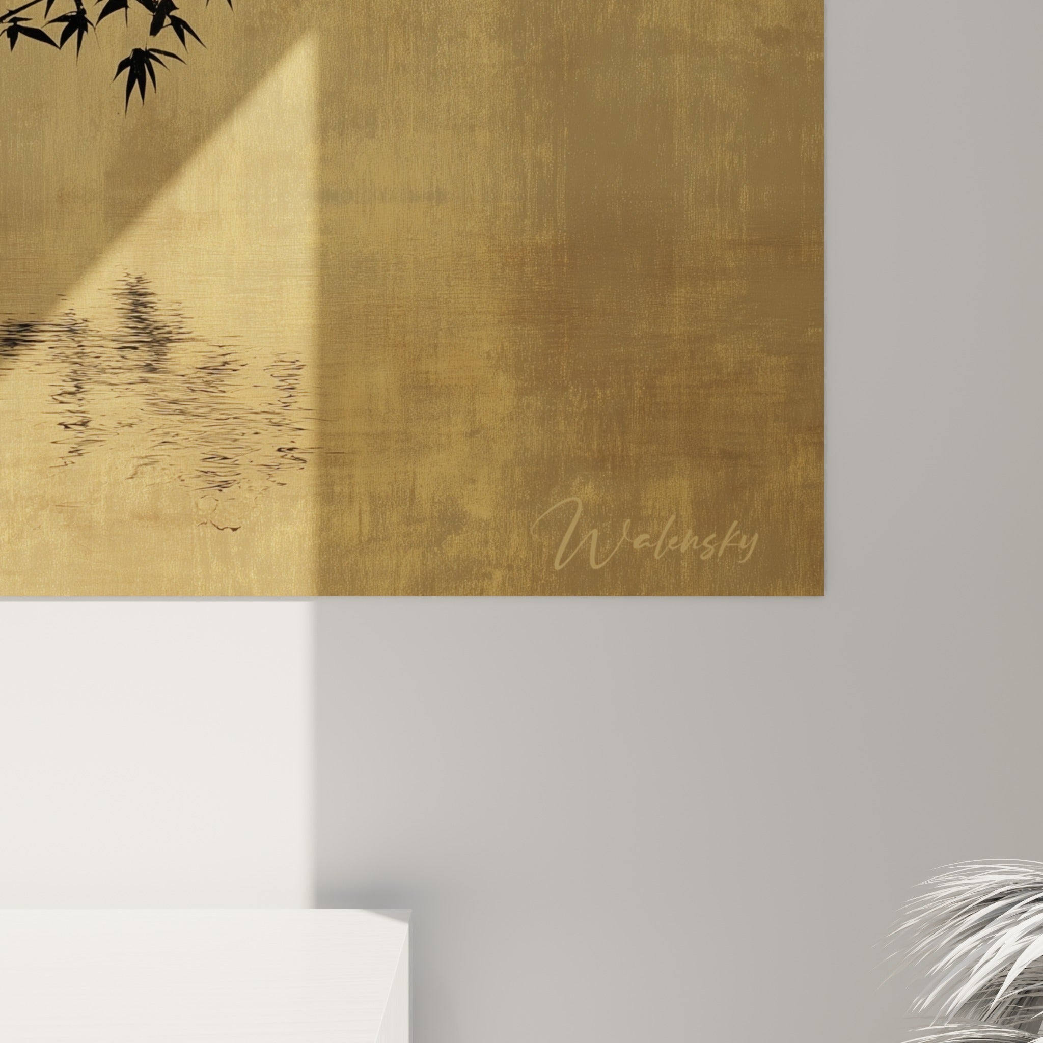 Détail des feuilles de bambou noires et du grain doré patiné révélant la texture de l'impression
