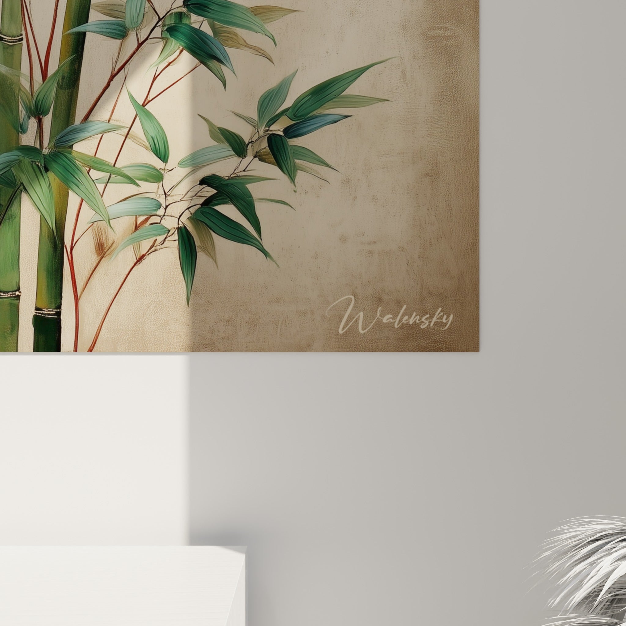 Grain de la toile révélant les nervures des feuilles vert sauge et la texture beige patinée du fond