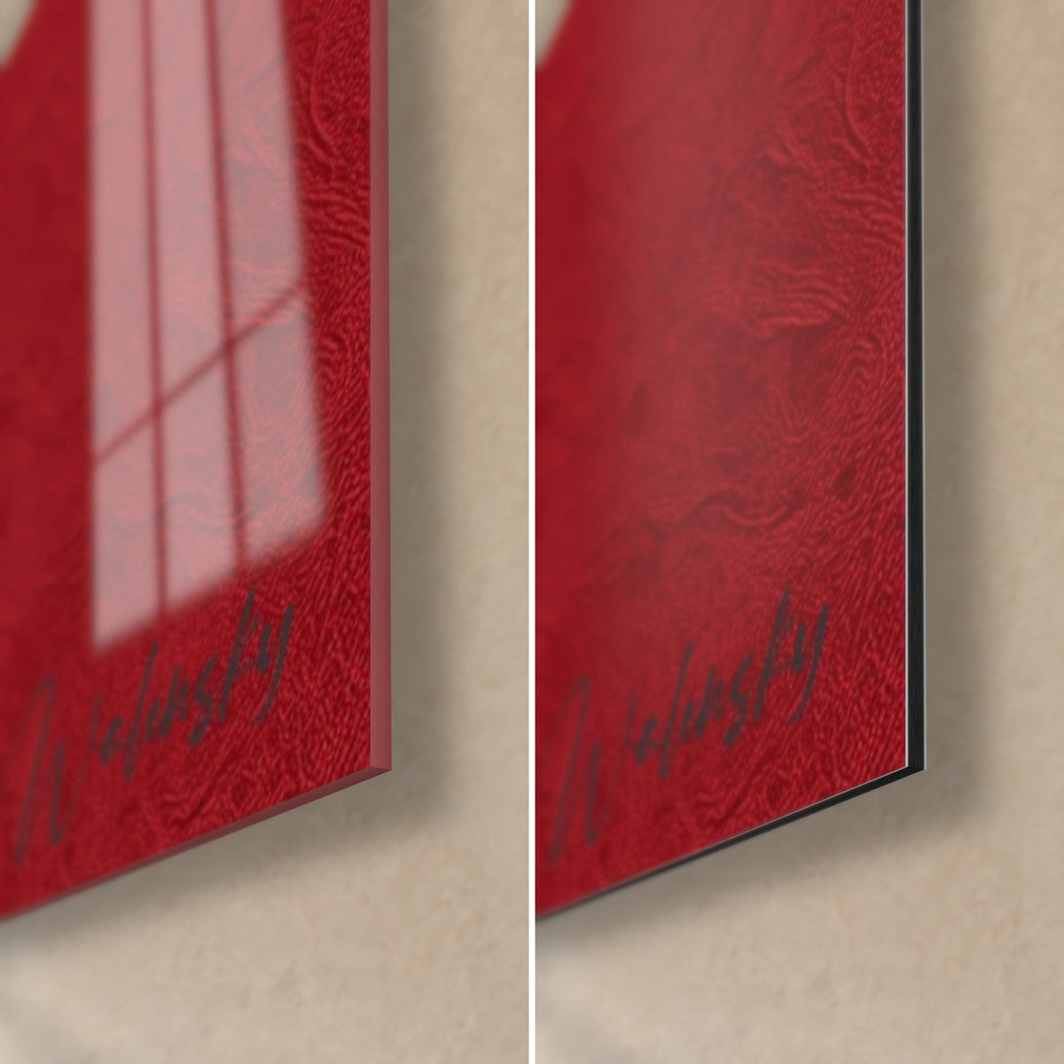 Quadro bambù nero su rosso, angolo in basso a destra: vetro acrilico lucido a sinistra, alluminio Dibond opaco a destra, bordo da 3 mm