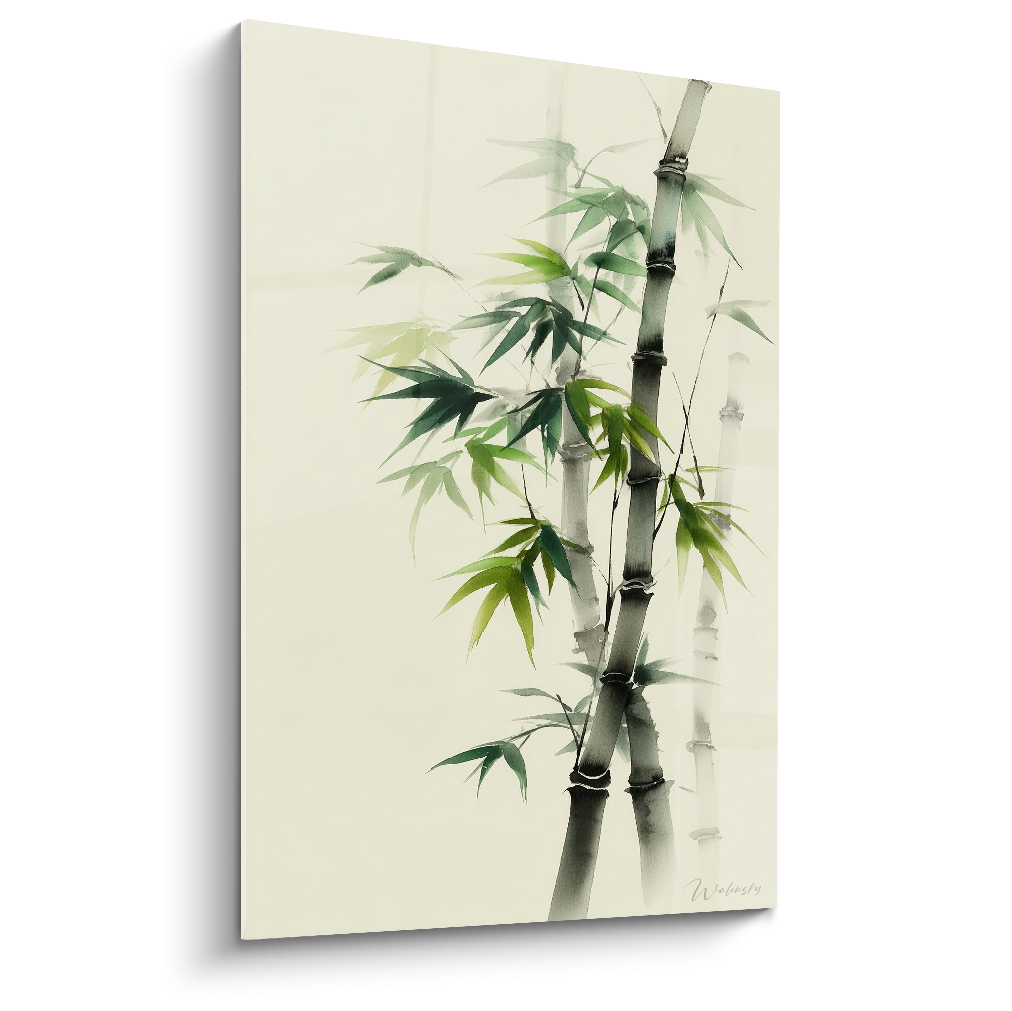 Bambou aux tiges anthracite et feuilles vert sauge peint sur fond ivoire, style encre asiatique