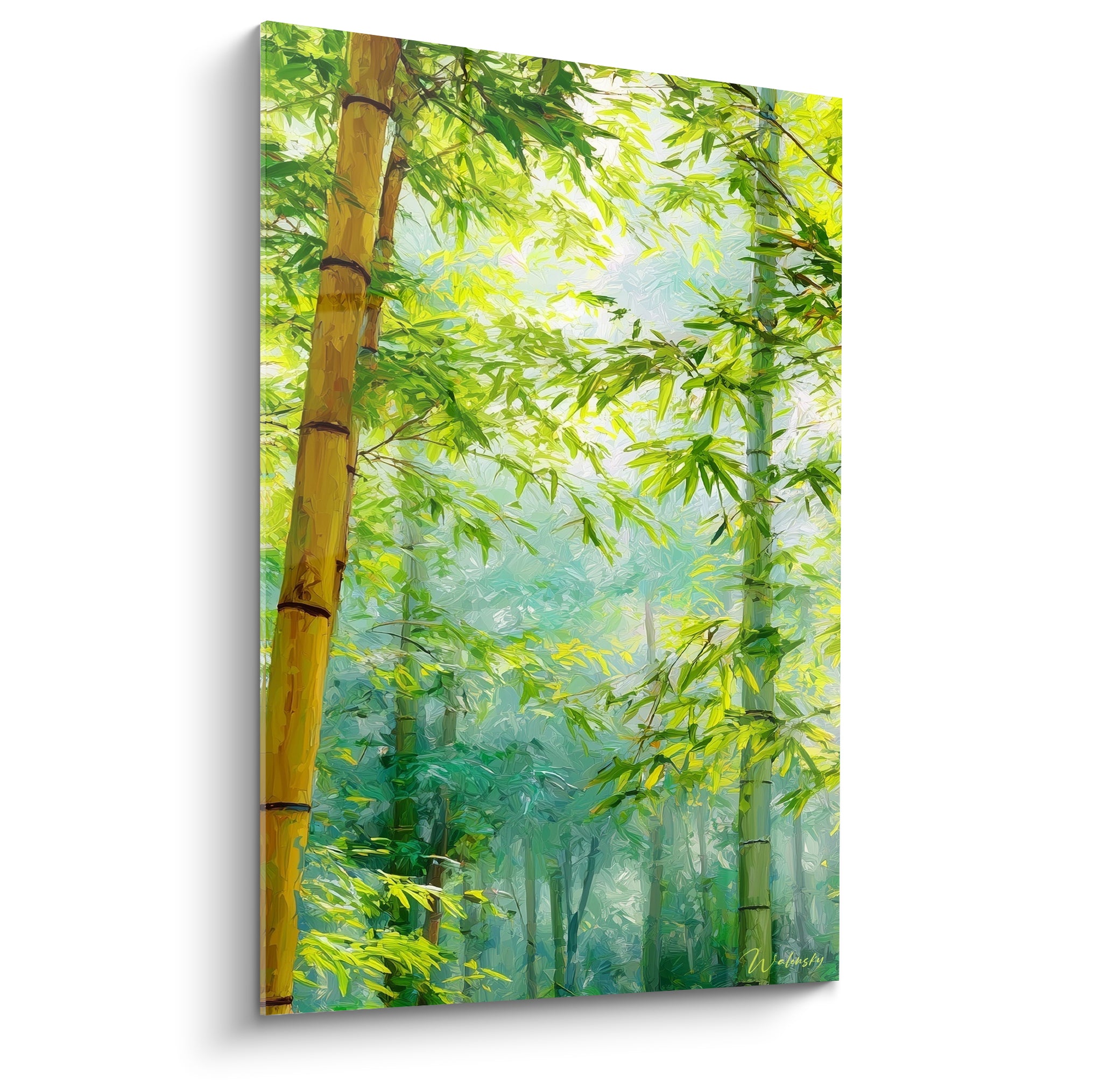 Bambou aux tiges dorées et feuillage vert émeraude, lumière matinale traversant la toile