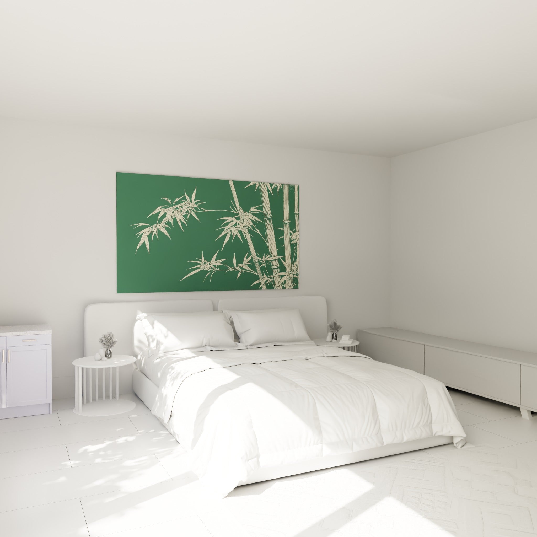 Tiges de bambou ivoire et vert sapin illustrées, au-dessus d'un lit dans une chambre claire