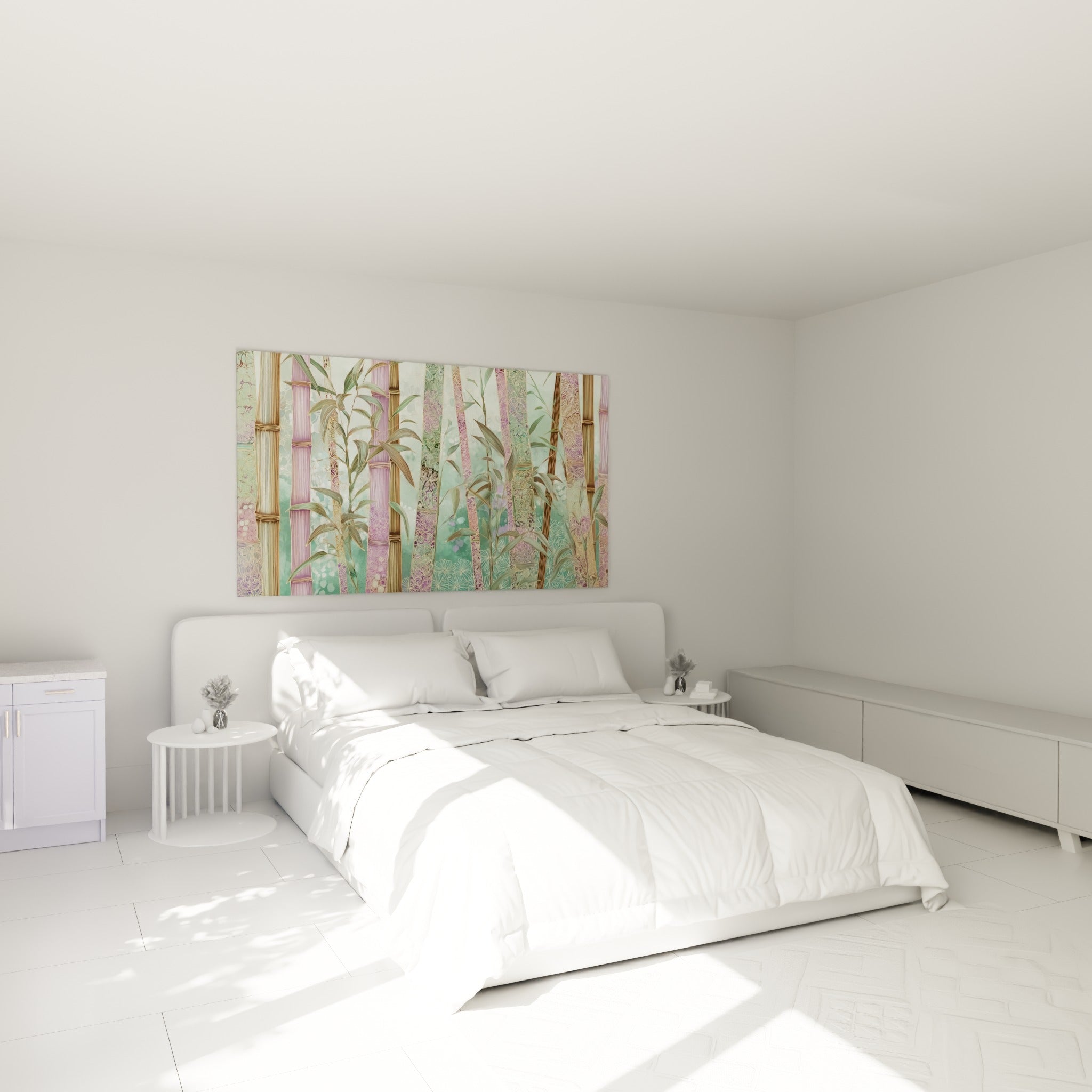 Tiges de bambou mauve pastel et vert d'eau au-dessus d'un lit dans une chambre claire