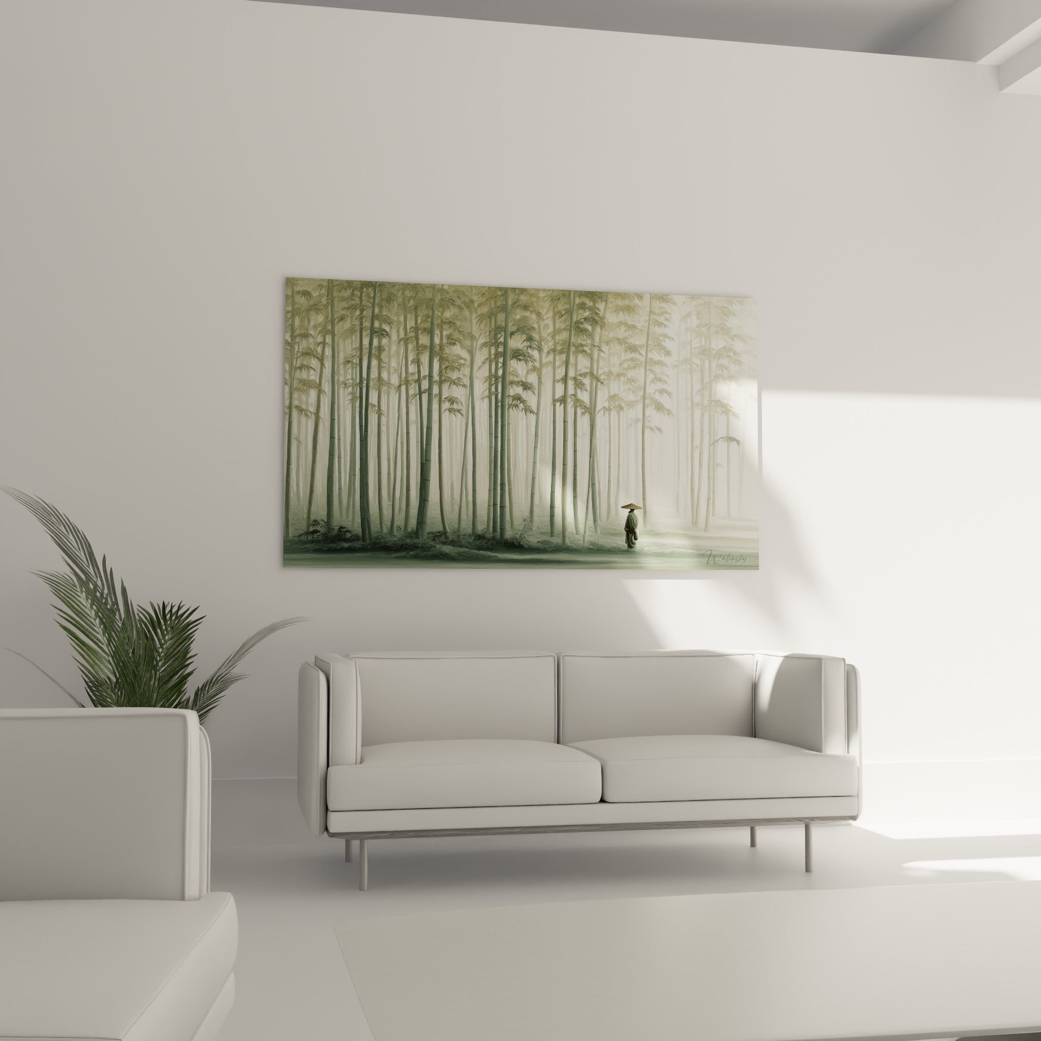 Tiges de bambou vert profond se dressant dans une brume dorée, au-dessus d'un canapé dans un salon lumineux