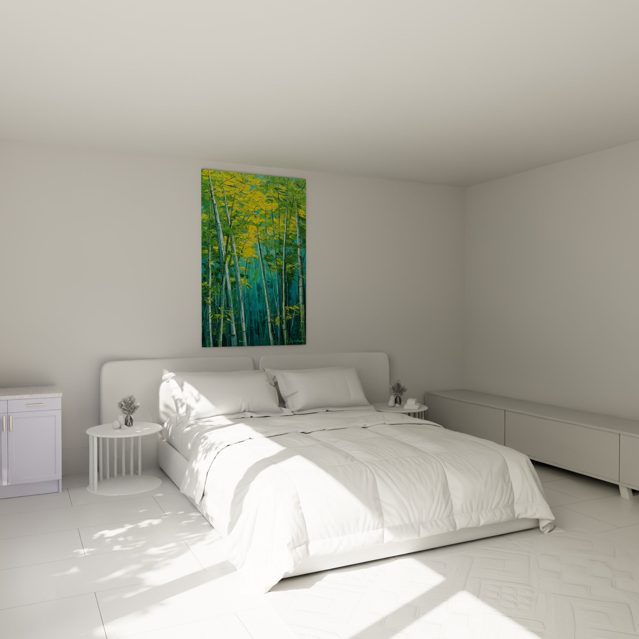 Bambou vert et turquoise s'élançant vers une canopée dorée, au-dessus d'un lit dans une chambre claire