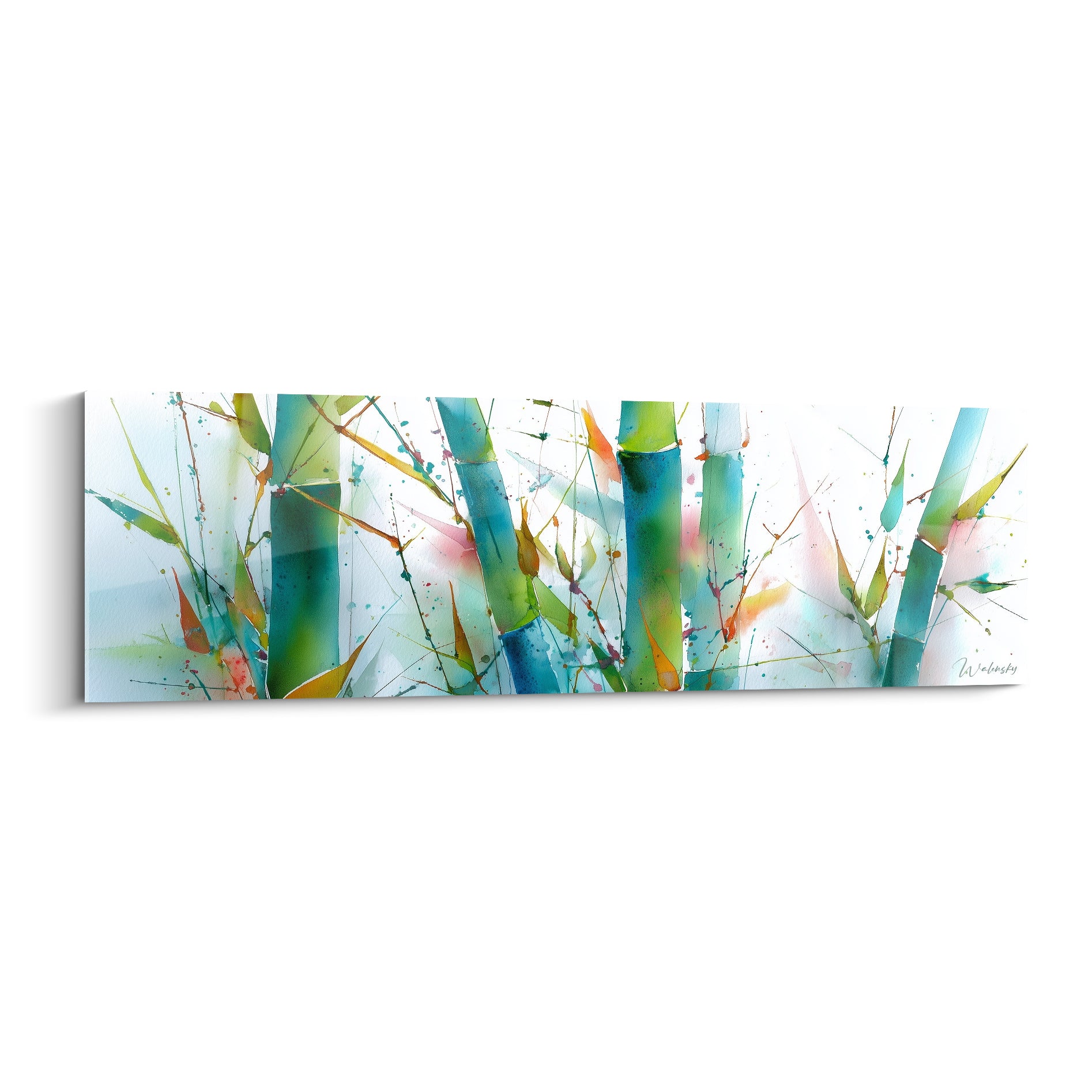 Bambou turquoise et vert émeraude peint en aquarelle avec éclaboussures orangées sur fond blanc