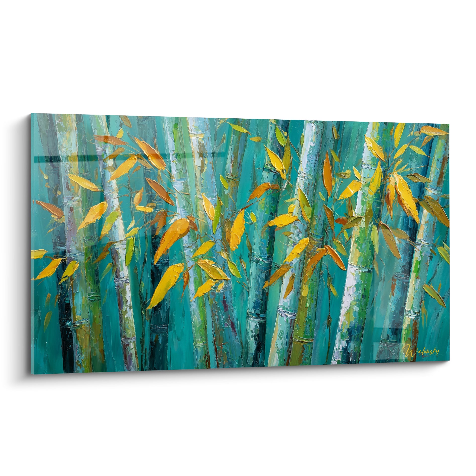 Bambou aux tiges turquoise et feuilles dorées peint au couteau, composition verticale dense et texturée