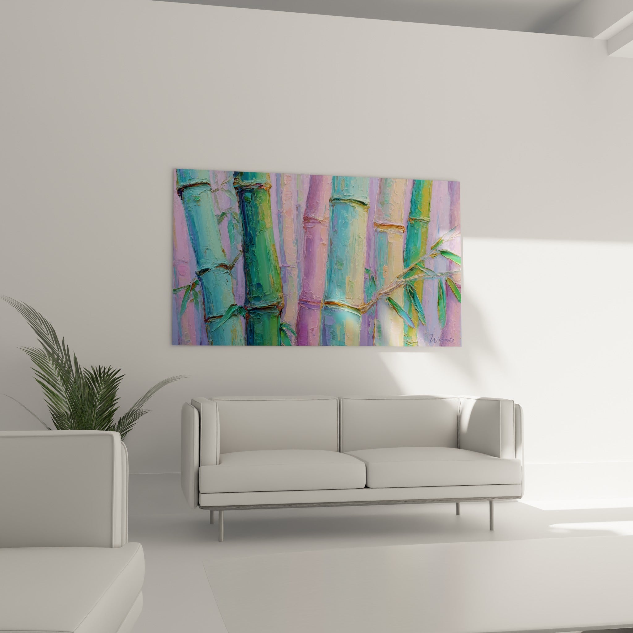 Bambous turquoise et lilas à la matière épaisse, positionnés au-dessus d'un canapé dans un salon lumineux