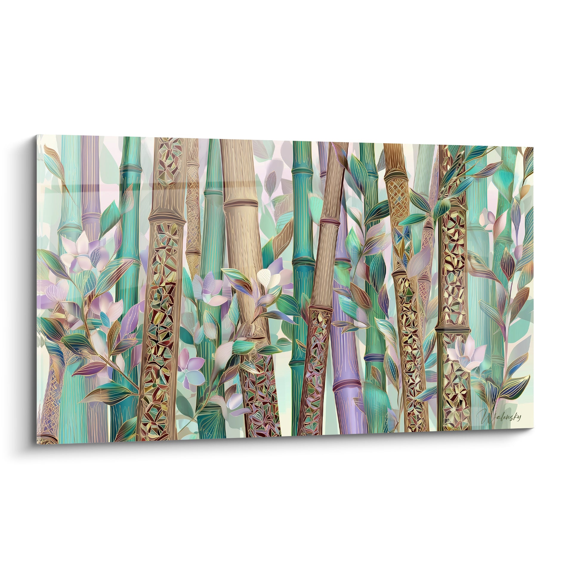 Bambou turquoise et mauve aux tiges ornées de motifs dorés sur fond clair