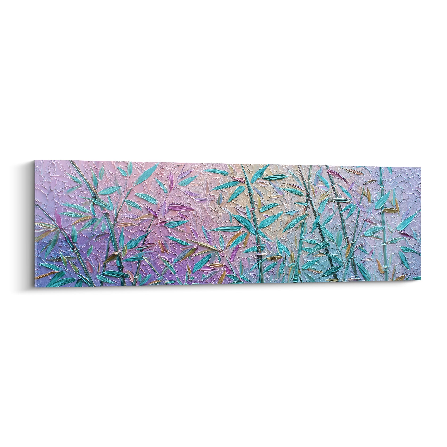 Bambous turquoise et mauve peints en relief, tiges verticales sur fond dégradé rose et lilas